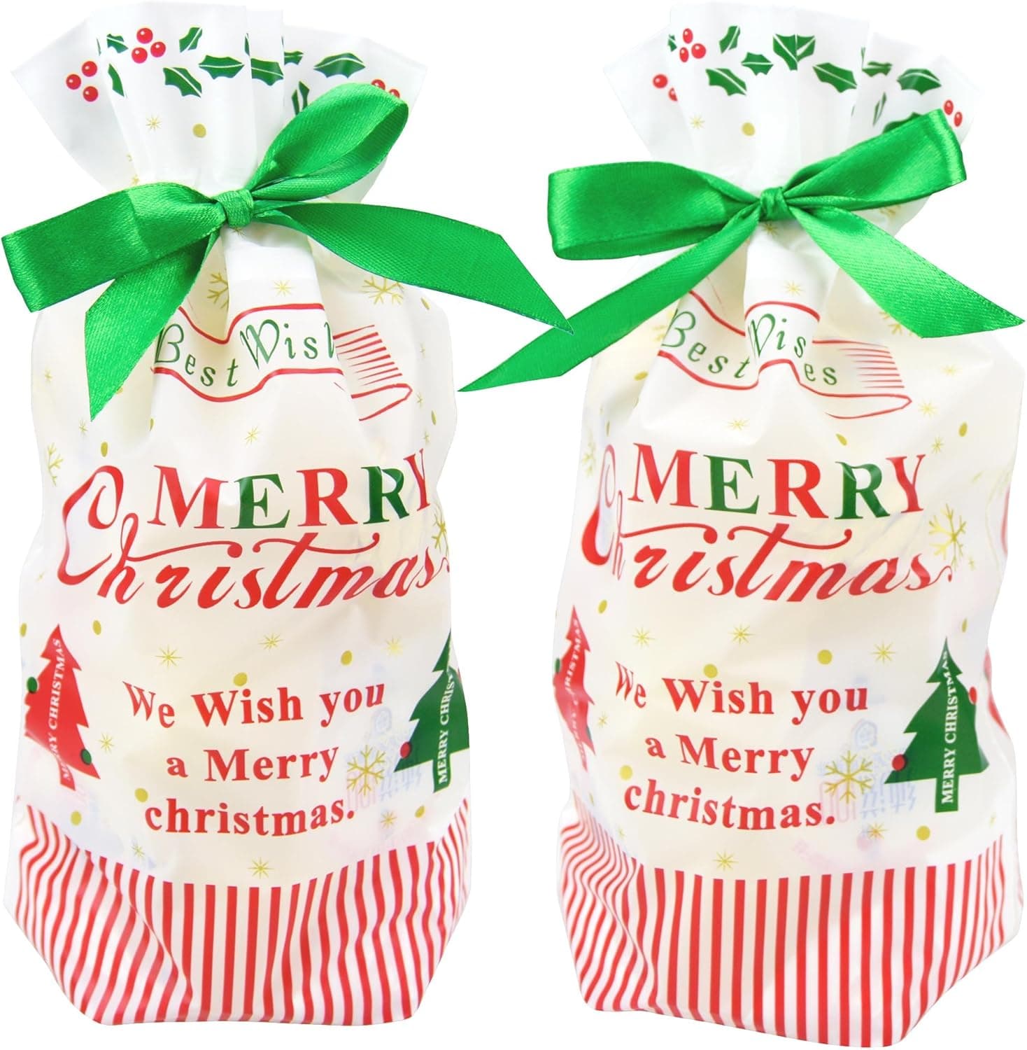 ZEALAX 15-Pack Best Wishes Christmas Candy Bags Plastic Gift Bags Package for Candy Buffet Drawstring Party Favor Goodie Treat Bags Wrapping Decorations, 6 inches x 9 inches