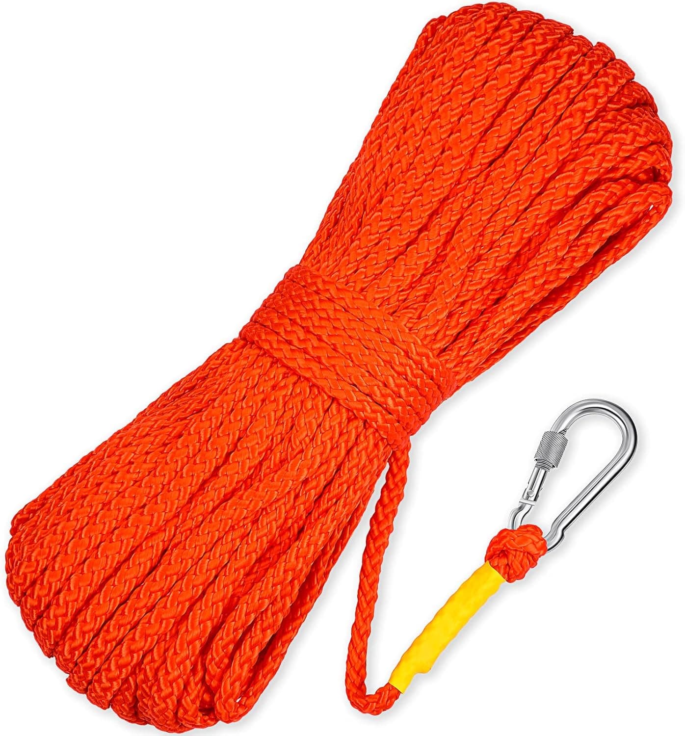 Hollow Braided Polypropylene Line Rope Heaving Line with Spring Hook for Ring Buoy Pool Life Preserver Ring Rope Boat Anchor Rope (Orange,30 m/ 32.8 Yards)