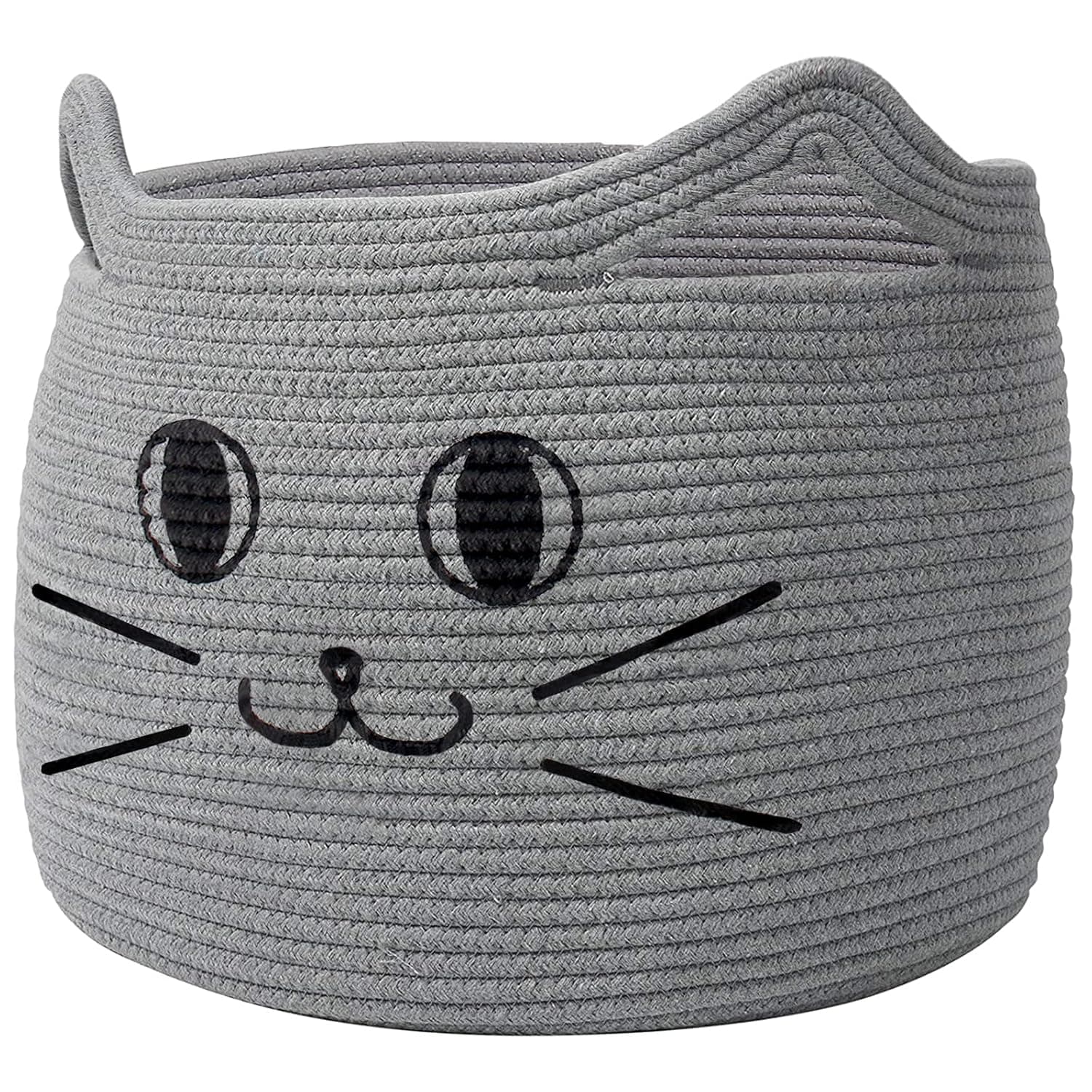 Ryosee Large Woven Cotton Rope Storage Basket Laundry Basket Organizer for Towels, Blanket, Toys, Clothes, Pet Gift Basket for Cat Dog, 15.7" L×11.2" H (Gray Cat Design)