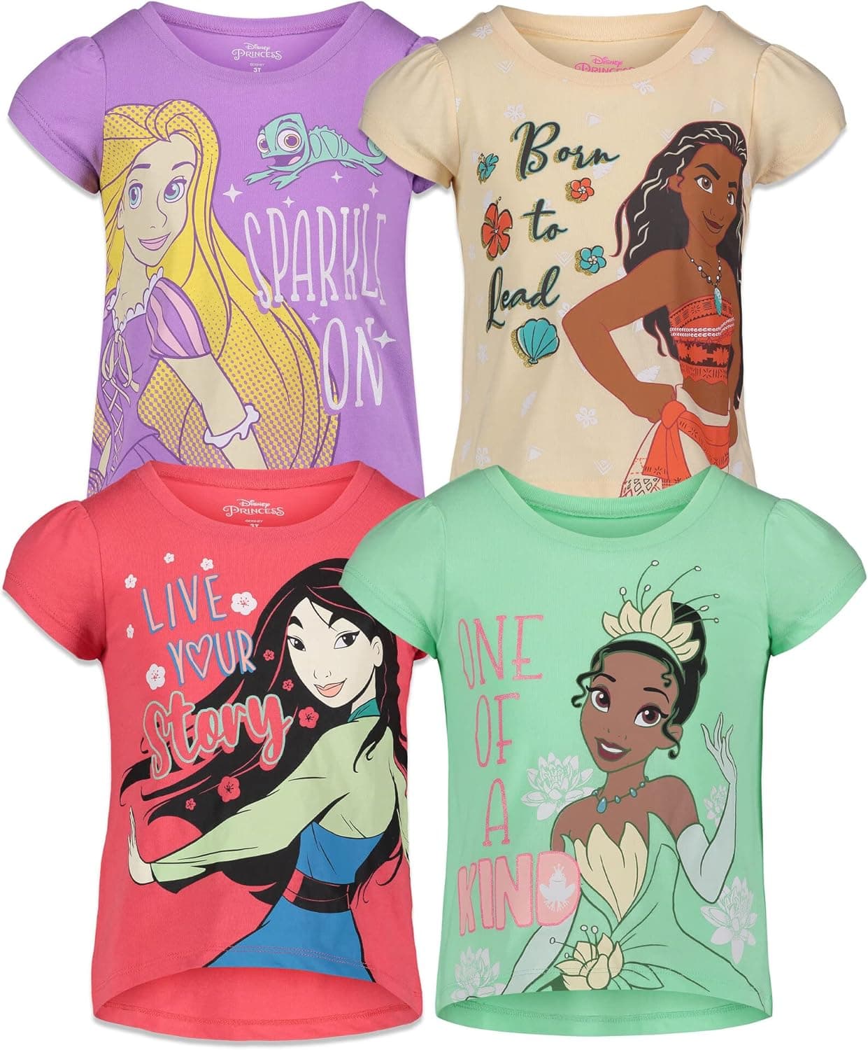 Disney Princess Mulan Rapunzel Moana Tiana 4 Pack Short Sleeve Graphic T-Shirt
