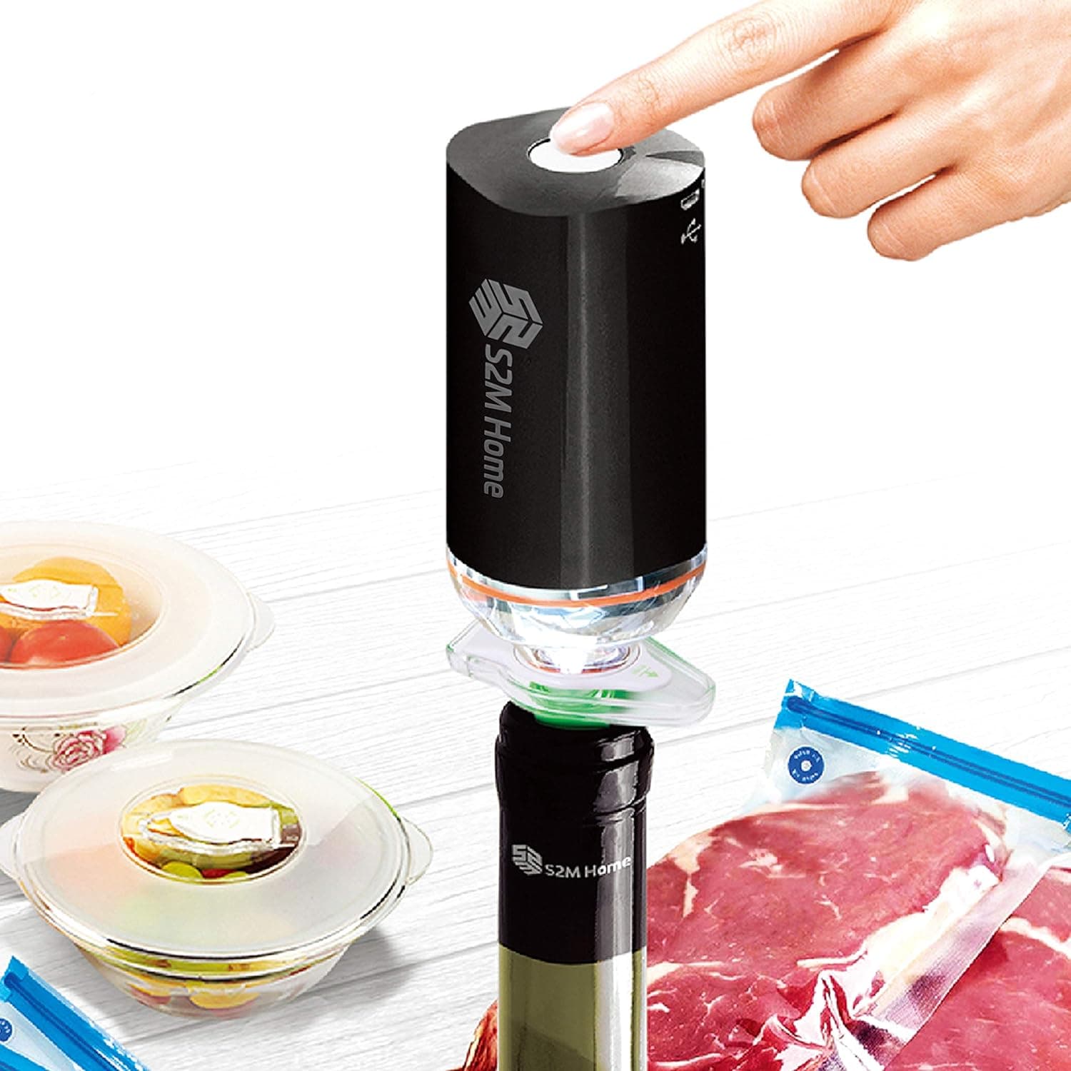 Rechargeable Mini Handheld Automatic Compression Vacuum Pump Sealer with 3 pcs Wine Stoppers, USB Vacuum Sealer for Food Storage Bags