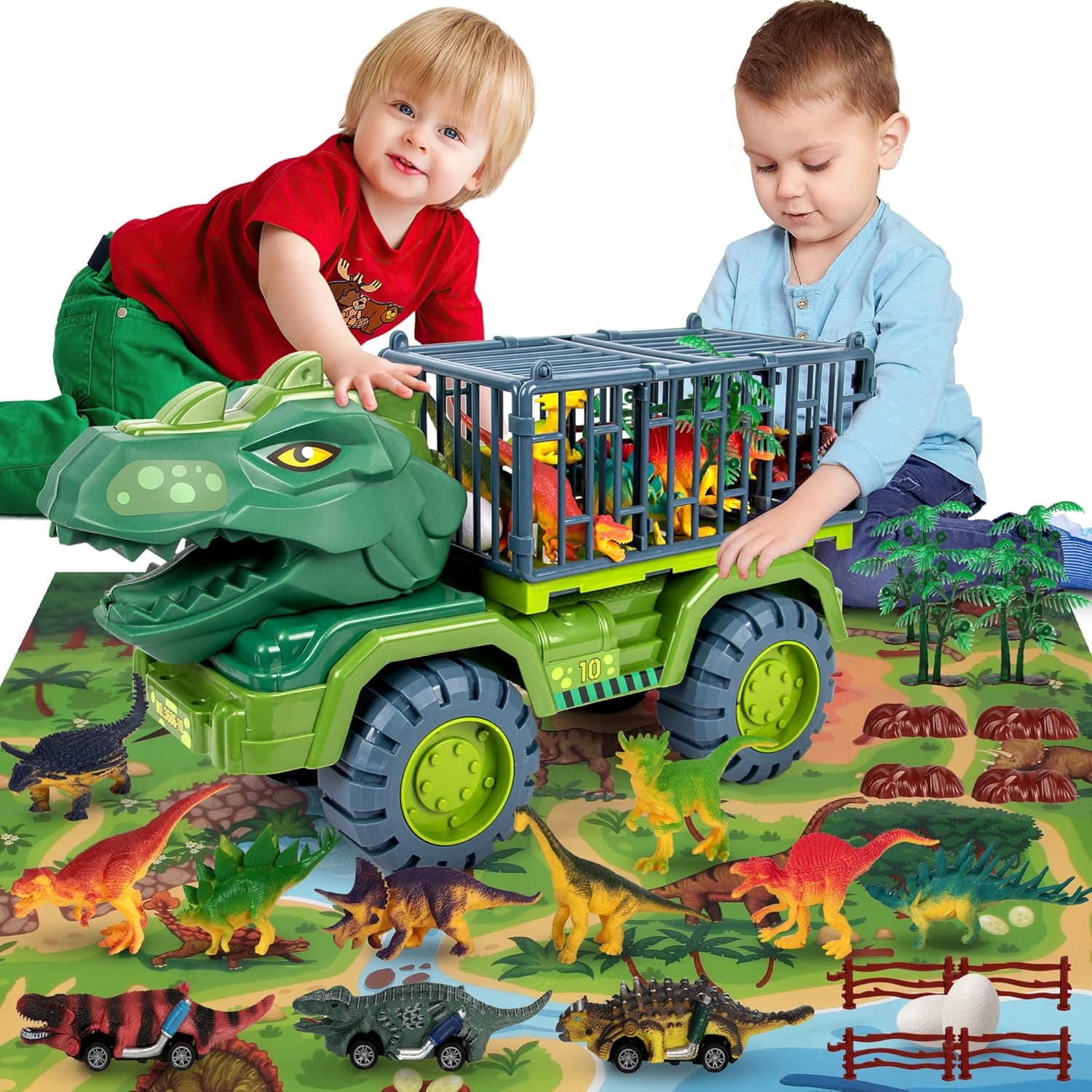 Lydaz Dinosaur Trucks Toys for Kids 3-5 Years Old, 27 in 1 Dinosaur Monster Transport Truck Carrier with Dinosaur Figures & Eggs, Pull Back Dinosaur Cars, Playmat, Easter Birthday Gift for Boy Girl