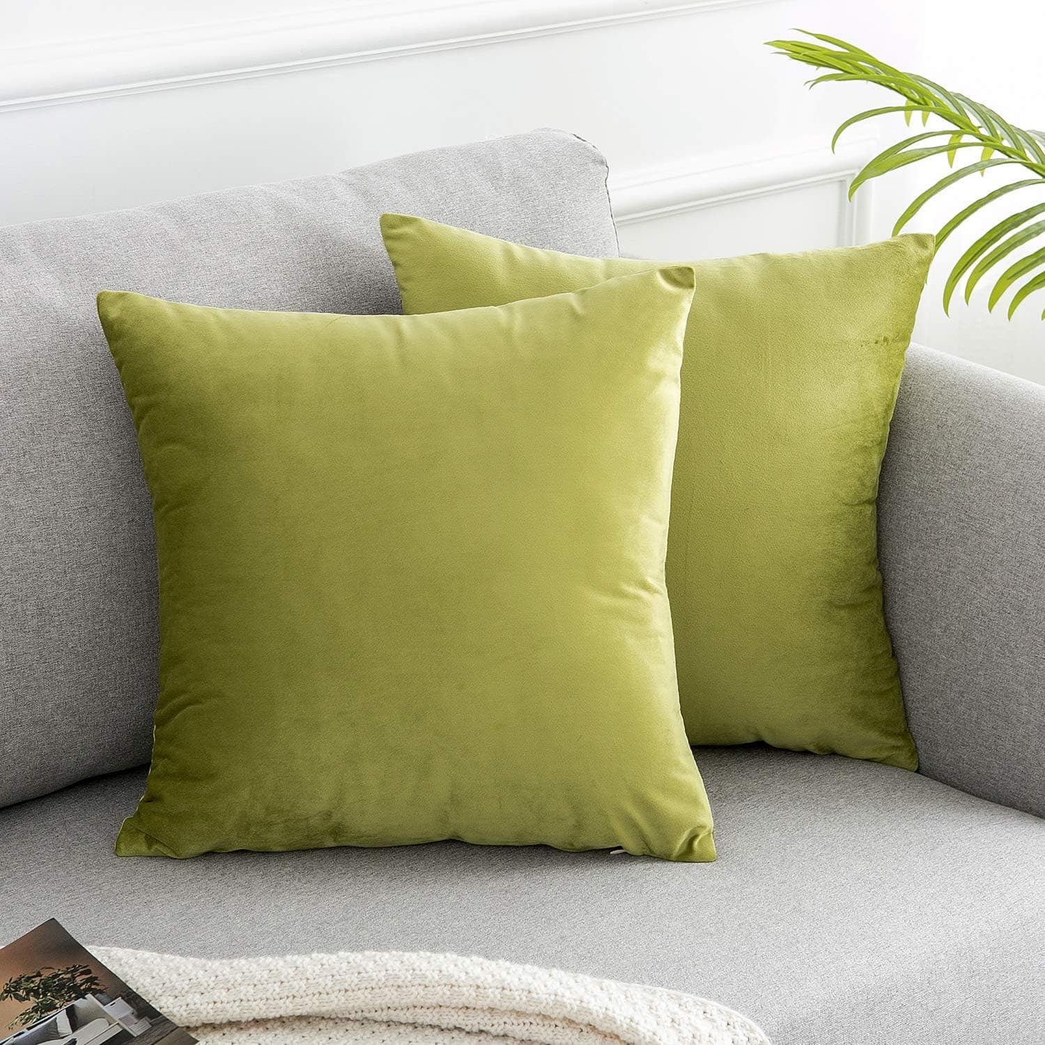 WLNUI Set of 2 Soft Velvet Sage Green Pillow Covers 18x18 Inch Square Decorative Throw Pillow Covers Cushion Case for Sofa Couch Home Farmhouse Decor