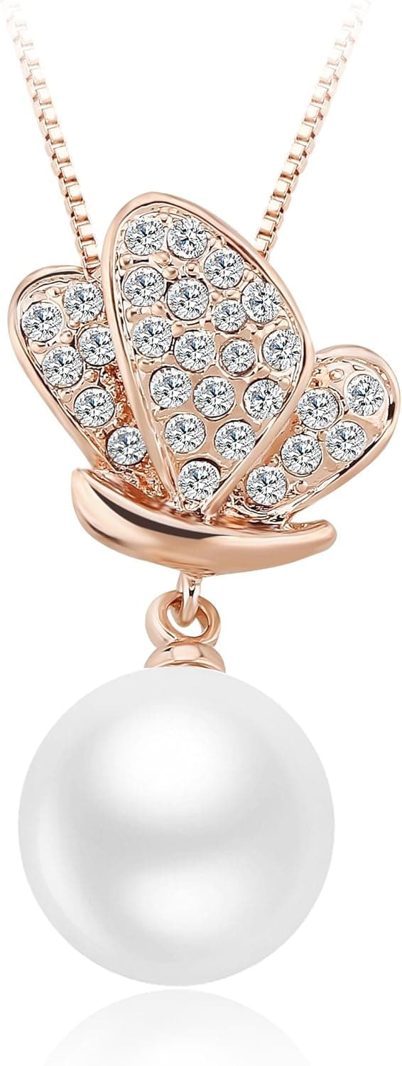 VEECAS 18K Rose Gold Plated Diamond Pearl Butterfly Pendant Necklace, 18"