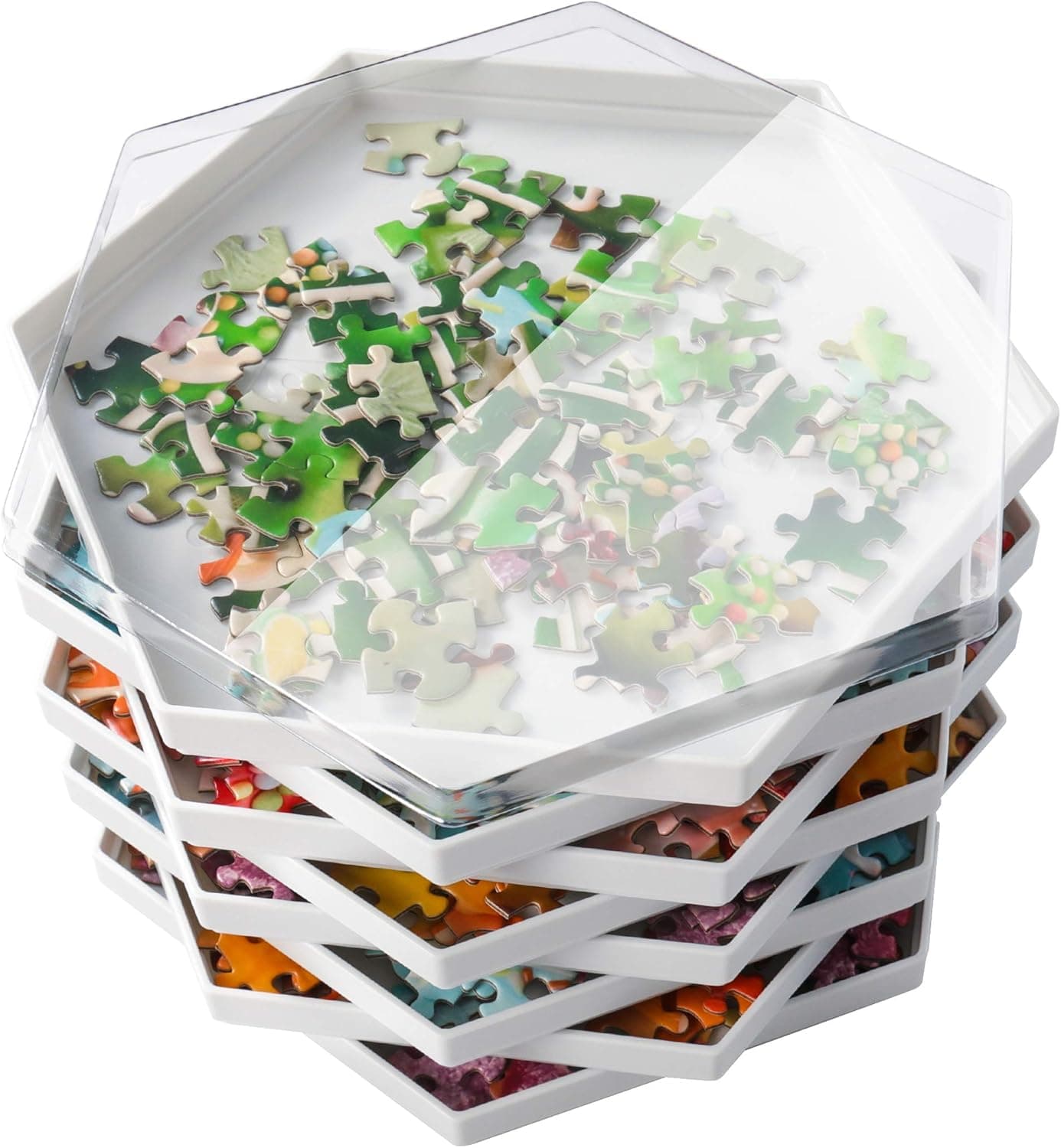 Becko Stackable Puzzle Sorting Trays Jigsaw Puzzle Sorters with Lid Puzzle Accessory for Puzzles Up to 1500 Pieces, 8 Hexagonal Trays (White)