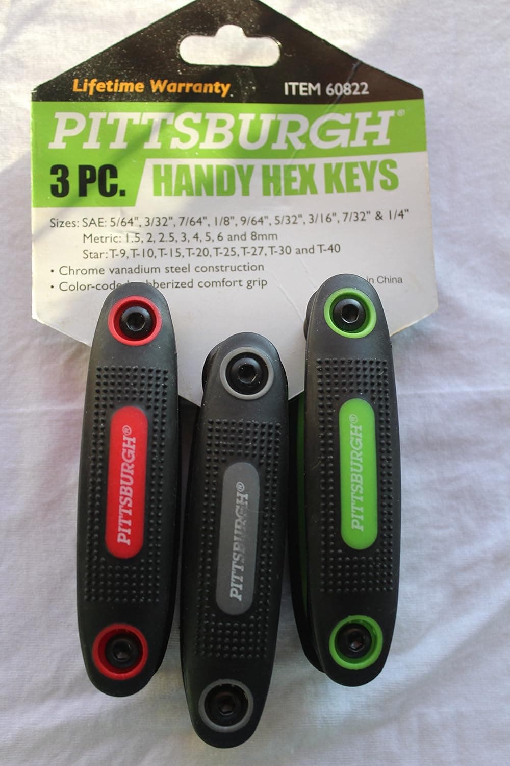 Pittsburgh Hex Keys 3 Sets Total 25 Keys Sae, Metric, Star Keys Rubber Grips Color Coded Red, Gray, Green