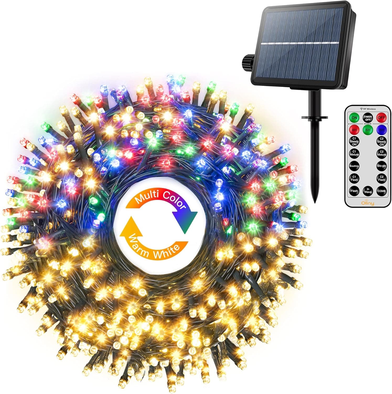 Ollny Solar String Lights Outdoor Waterproof Warm White & Multicolor 98FT 300 LED, 11 Modes Solar Fairy Lights with Remote, Twinkle Christmas Tree Lights for Garden Patio Party Wedding Holiday
