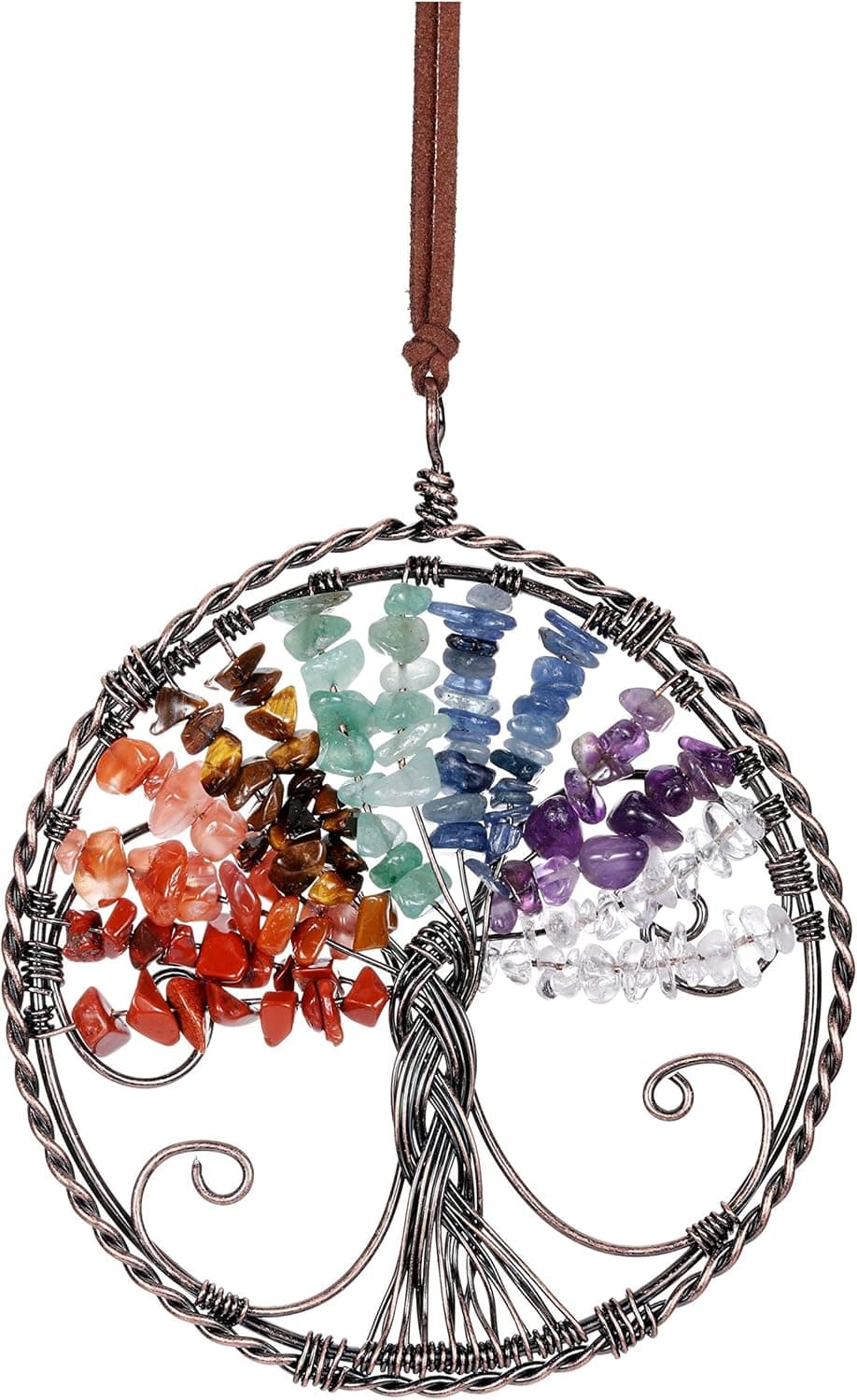 CrystalTears 7 Chakra Healing Crystal Hanging Ornament Handmade Chakra Stones Wire Wrapped Tree of Life Gemstone Car Wall Window Hanging Accessories for Home Car Decor Feng Shui Meditation Yoga Gift