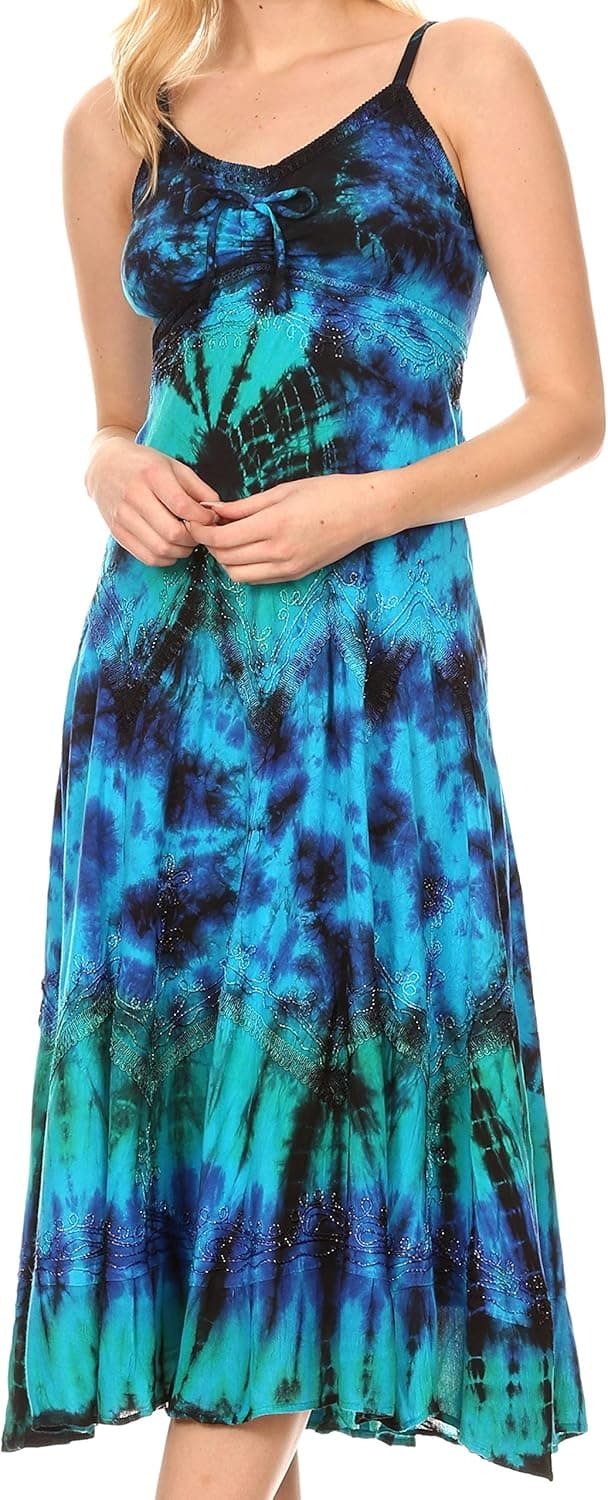 Sakkas Adela Women's Tie Dye Embroidered Adjustable Spaghetti Straps Long Dress
