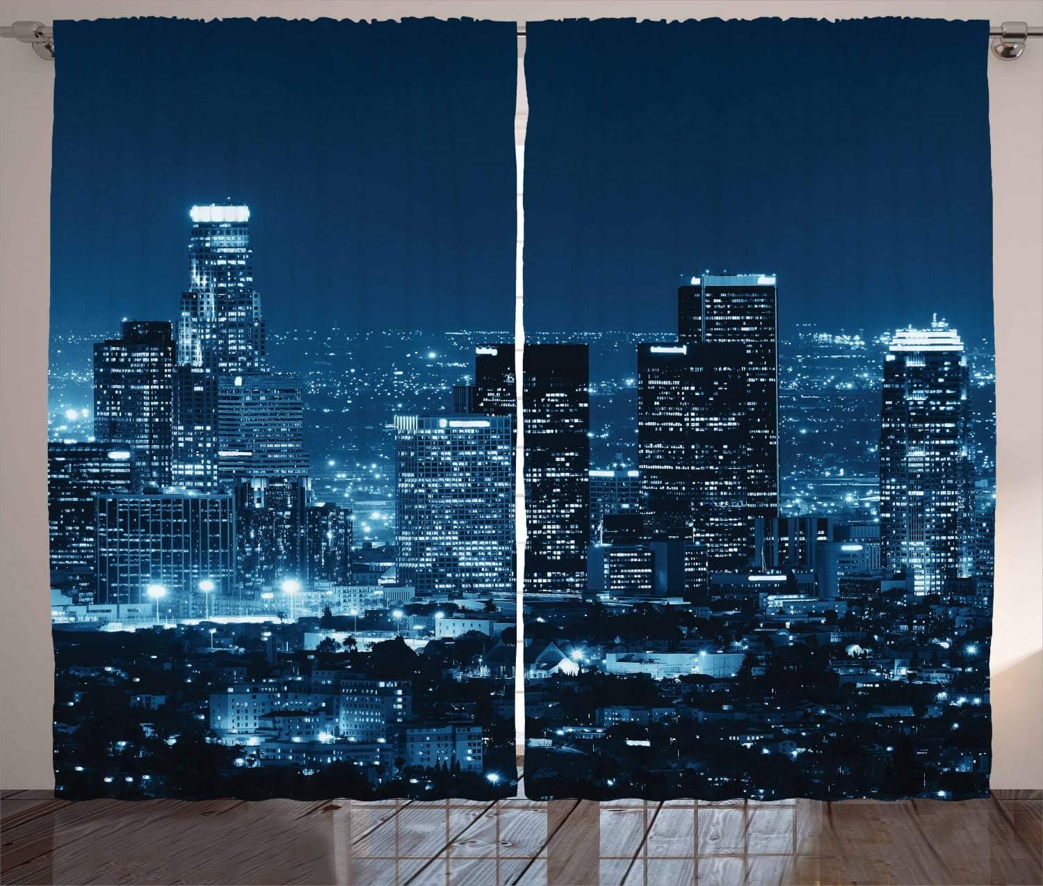 Ambesonne USA Curtains, Los Angeles City Buildings at Night Monochromic Photo Scenery Town Dusk Scenic View, Living Room Bedroom Window Drapes 2 Panel Set, 108" X 90", Night Blue