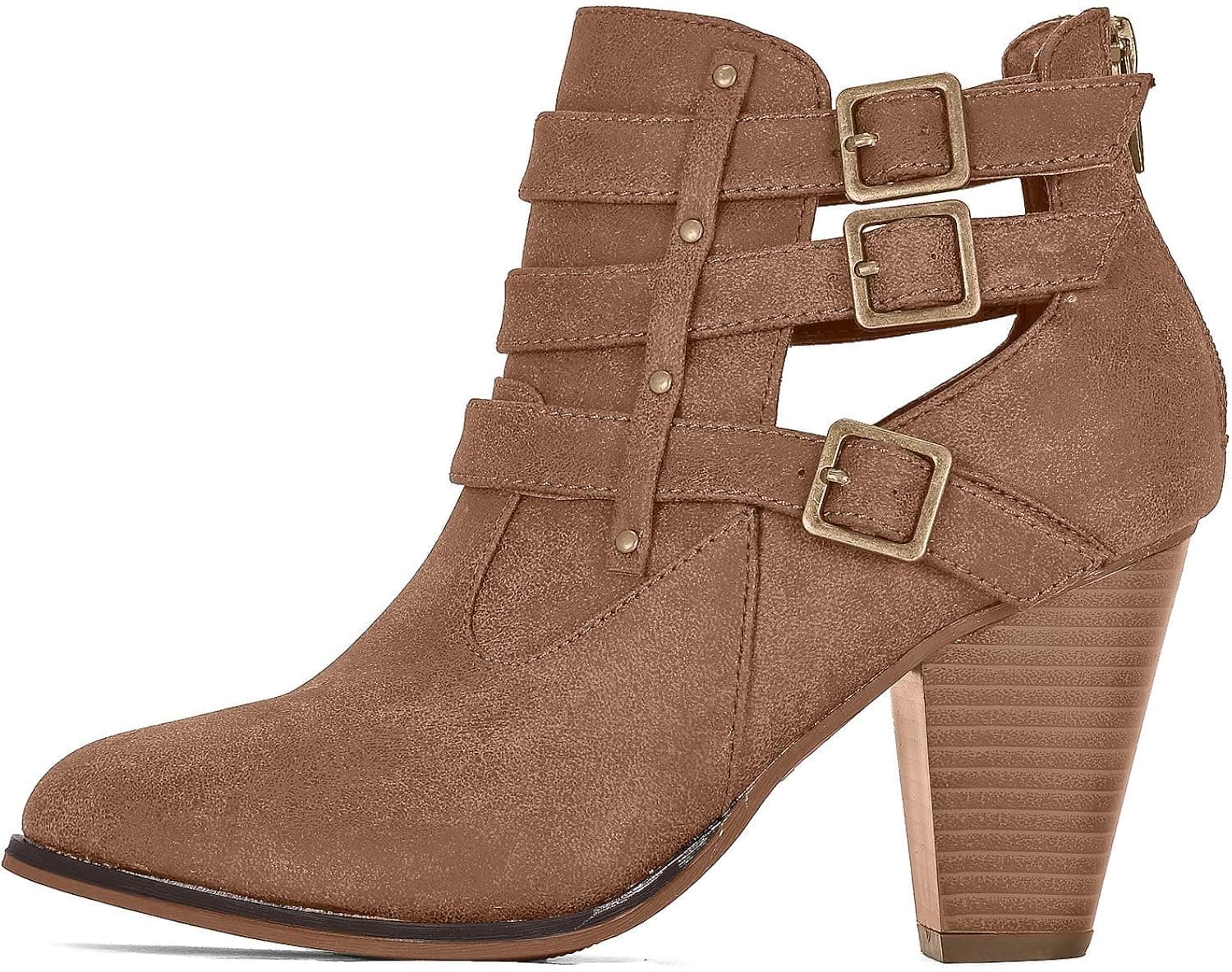 Guilty Heart Women's Buckle Strap Block Mid Heel Comfortable Ankle Booties