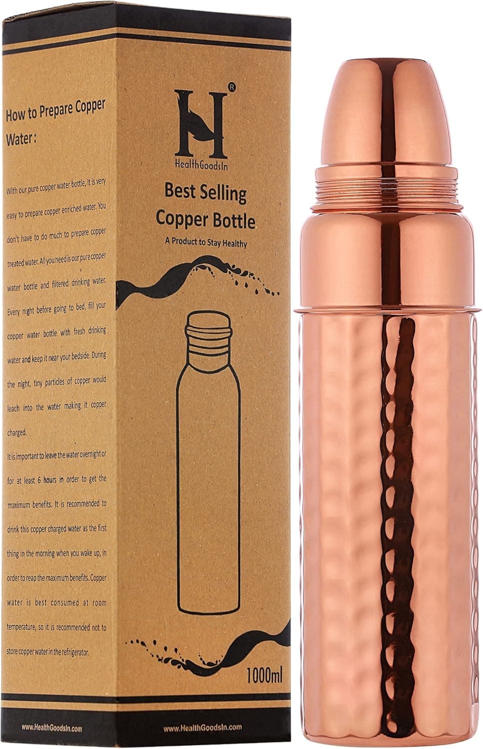 HealthGoodsIn Pure Copper Hammered Thermos Bottle for Ayurvedic Benefits, 900 ML (30.4 FL OZ.), UNLINED, UNCOATED