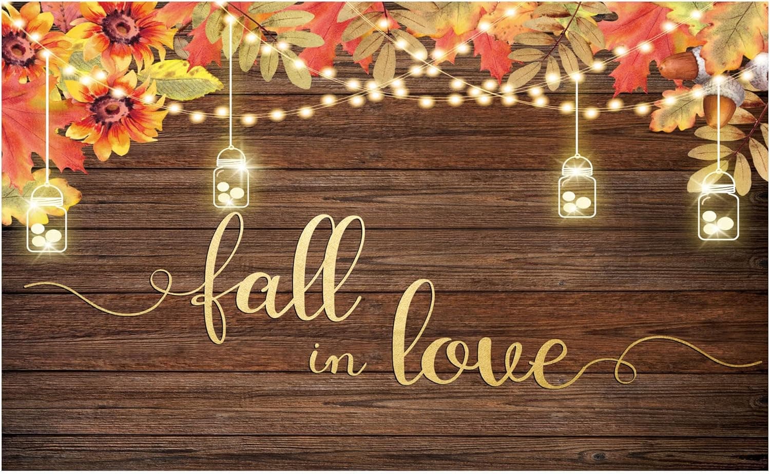 Funnytree Fall in Love Party Backdrop Photography Autumn Rustic Wooden Floor Background Glitter Lights Maple Leaves Bridal Shower Wedding Anniversary Decorations Banner Photo Booth Props