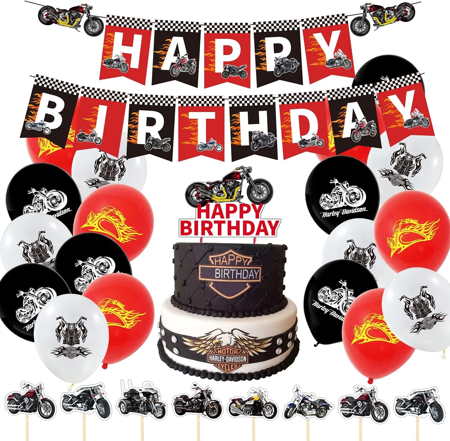 Motorcycle Birthday Party Decoration Include Motorcycle Theme Banner Cupcake Toppers Latex Balloons for Motorcycle Theme Party Supplies Men Boy Birthday Decor