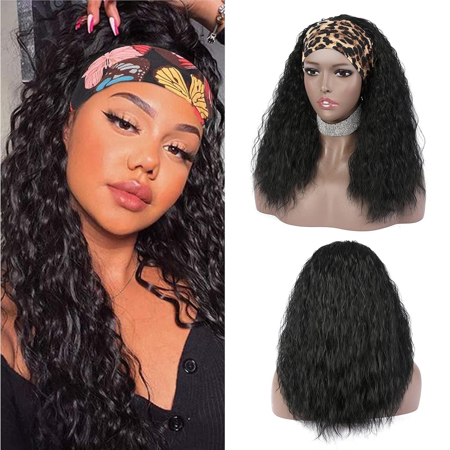 eNilecor Headband Wig, Black Glueless Wigs for Black Women Long Kinky Curly Wig Synthetic Natural Looking Fluffy Wigs with Headbands Attached Heat Resistant Fiber Hair for Daily Party