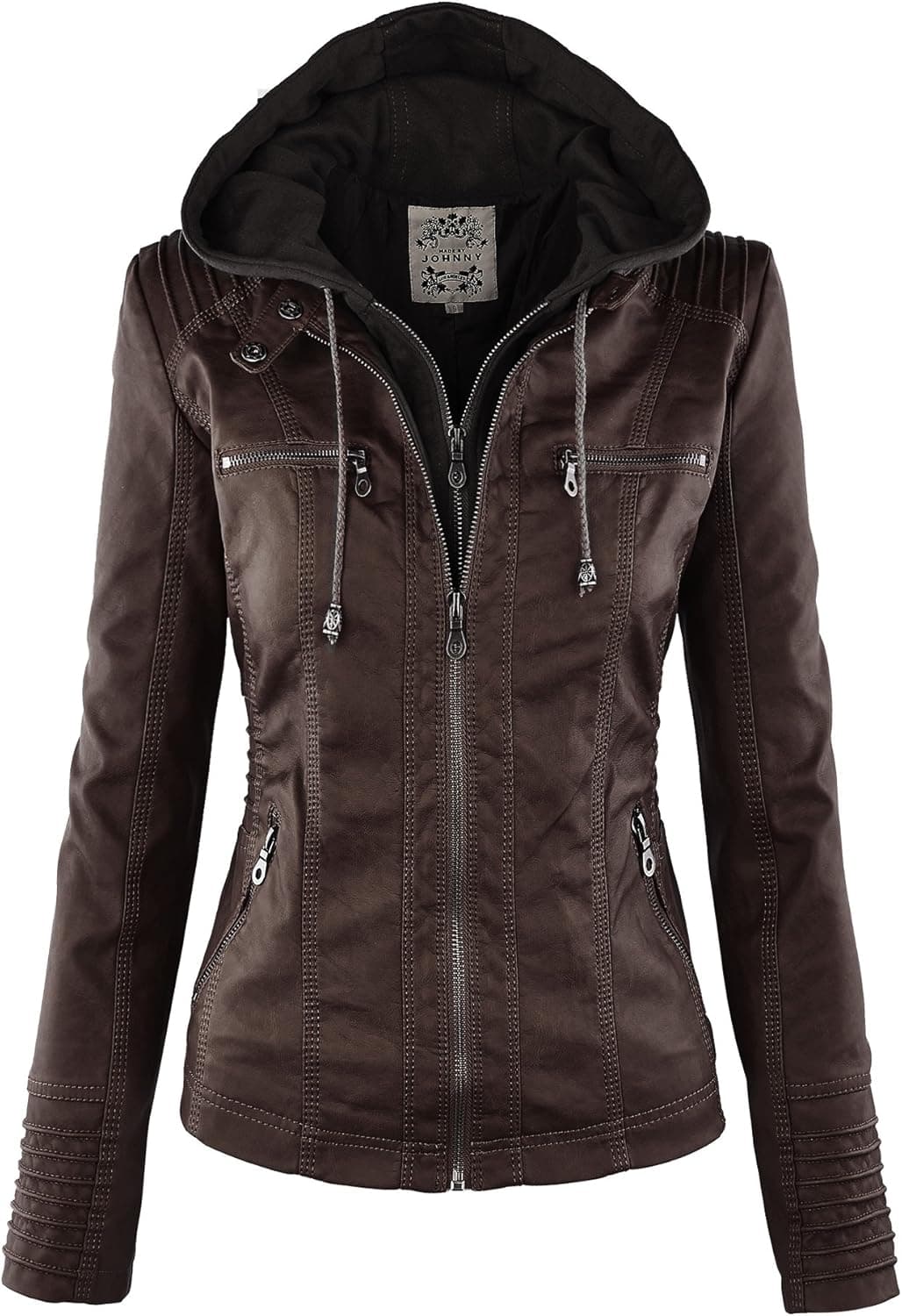 Made By Johnny MBJ Womens Faux Leather Motorcycle Jacket with Hoodie