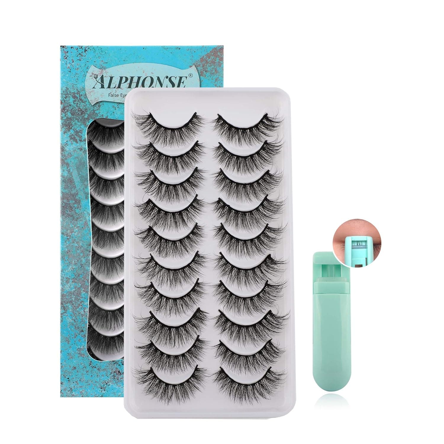 ALPHONSE Asian Lashes Natural Wispy False Eyelashes with Mini Partial Eyelash Curler, Fluffy Korean Cat Eye Lightweight Handmade Lashes Sets Pack 10 Pairs