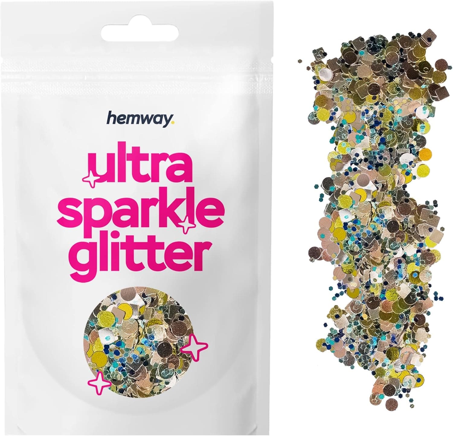 Hemway Gold Disc Champagne Square Black Blue Mix Glitter Chunky Multi Purpose Dust Powder Arts & Crafts Decorations Costumes Makeup Cosmetic Face Eye Body Nails Skin Hair Festival 10g