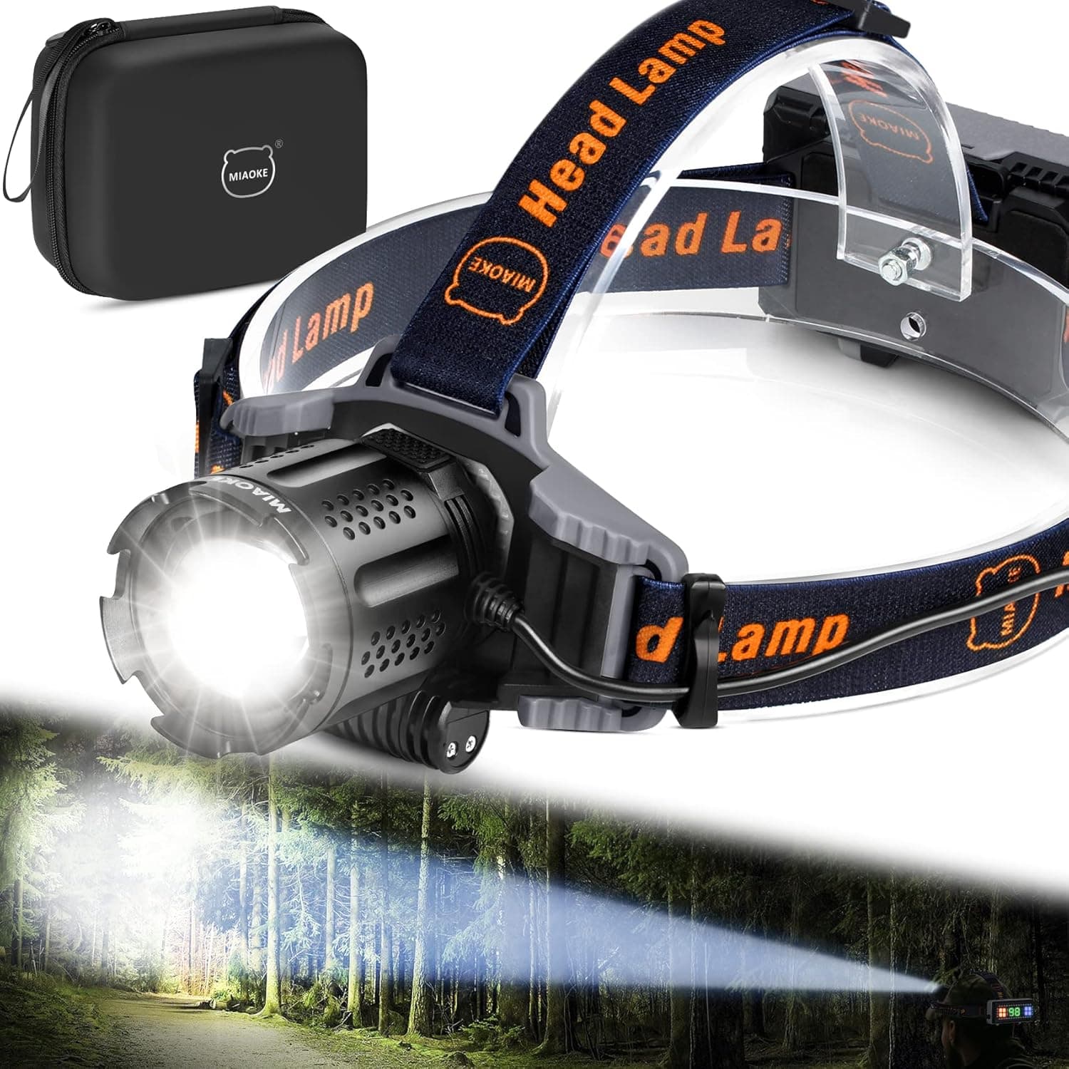 MIAOKE Led Headlamp, USB Rechargeable Headlamp 100000 Lumen Super Bright IPX5 Waterproof 4 Modes with Power Indicator and Warning Light for Adult Running Outdoor Camping Hiking Fishing/Warrior
