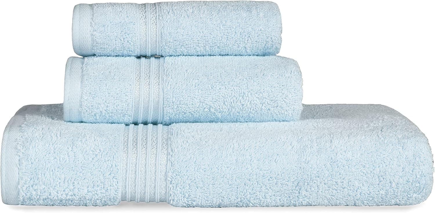 SUPERIOR Egyptian Cotton 3-Piece Towel Set, Basic Towels for Bathroom, Home Decor, Guest Bath, Shower, Apartment, Included 1 Face, 1 Hand, 1 Bath Towel, Washcloth, Quick Dry, Light Blue