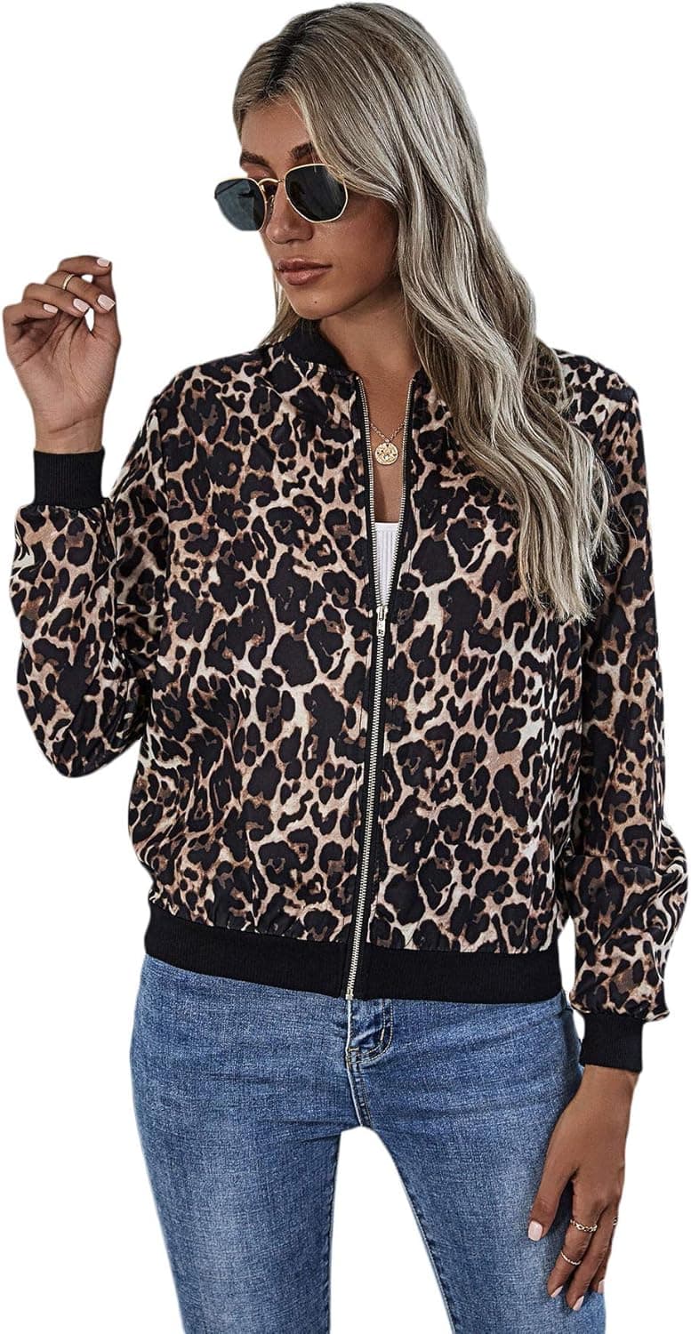 WDIRARA Women's Zip Front Plaid Print Long Sleeve Stand Collar Casual Jacket Multicolored Leopard L