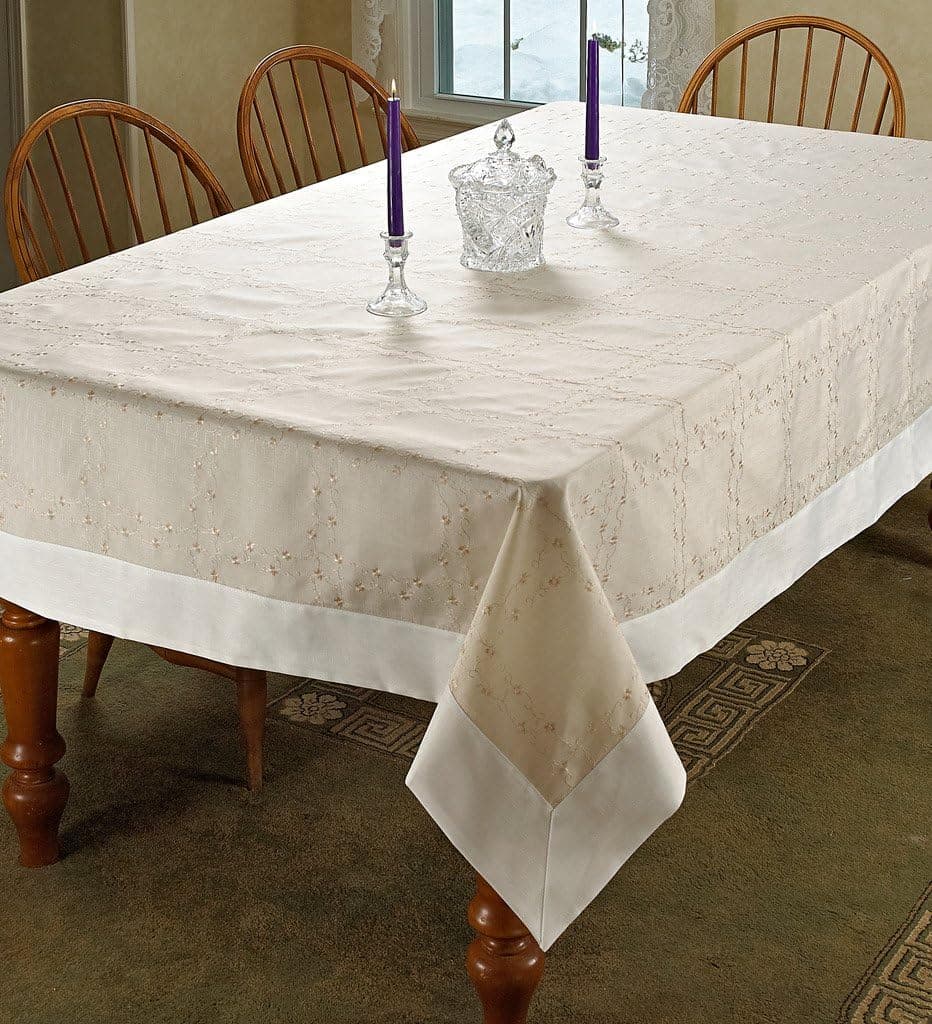 Violet Linen Ribbon Rose Embroidered Design Tablecloth Beige 52" X 70"