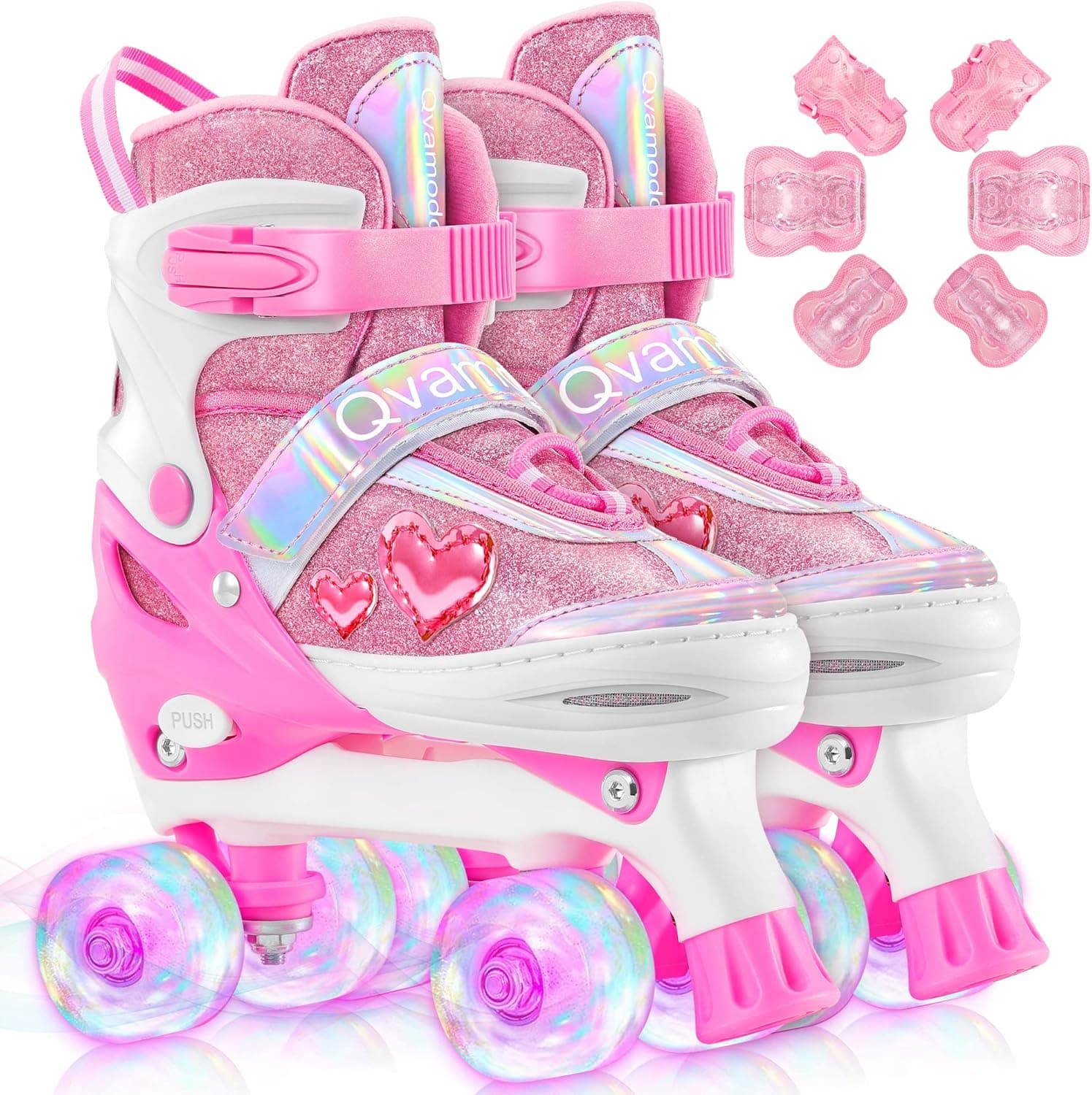 Qvamodo Adjustable Roller Skates for Girls with Lighting Wheels& Protective Gears