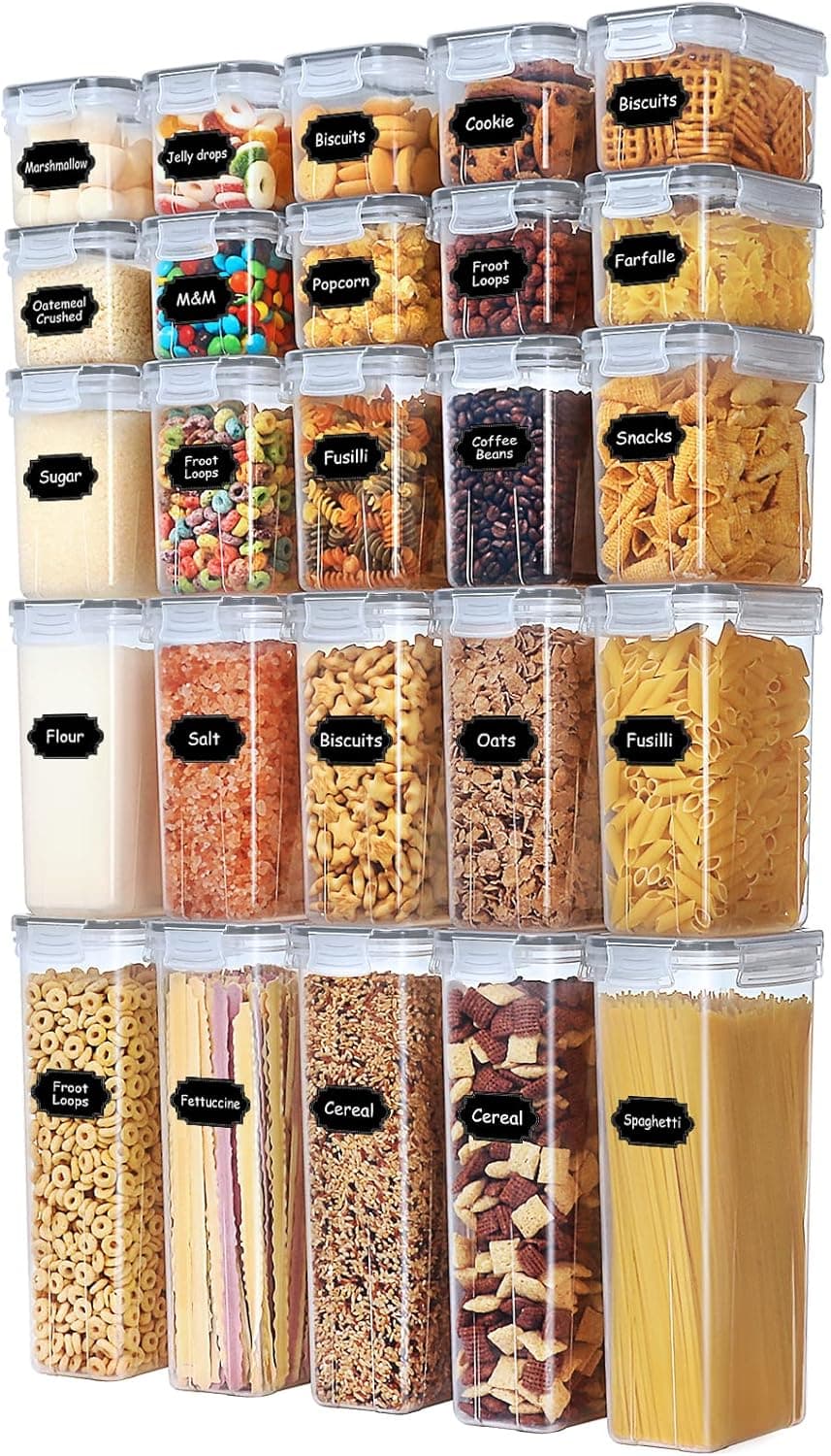 25PCS Airtight Food Storage Containers with Lids for Pantry, BPA Free Plastic Clear Cereal Containers Storage Set, Pantry Storage Containers for Dry Food, Flour and Sugar, 40 Labels & Marker (Gray)