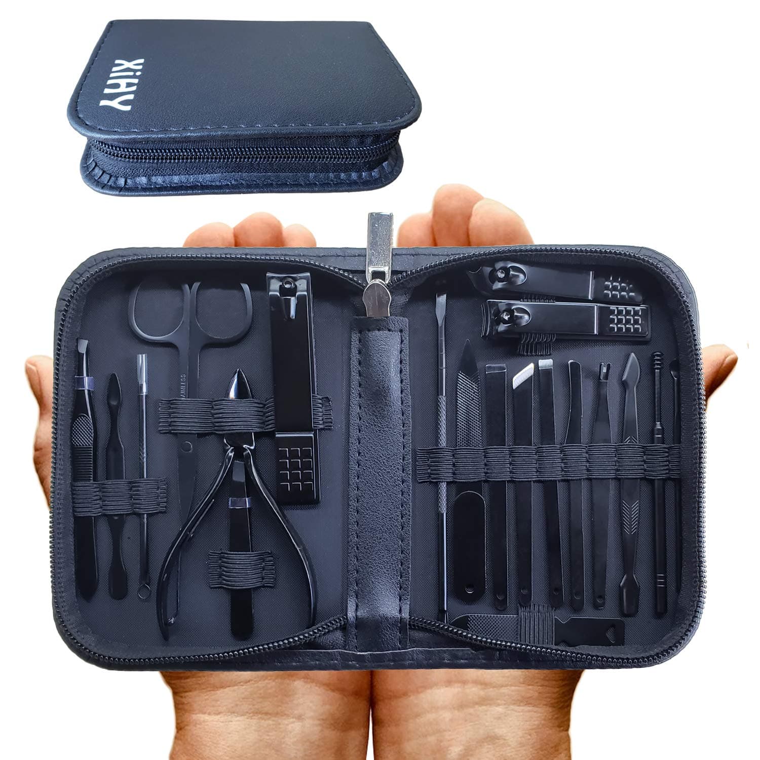 Mens Manicure Set Professional and Nail Clipper Set 20 in 1,Manicure Kit Nail Care Kit Tools with Leather Zipper Black Travel Case,Pedicure Nail Grooming Kit for Women & Men's, Stainless Steel,XiHY