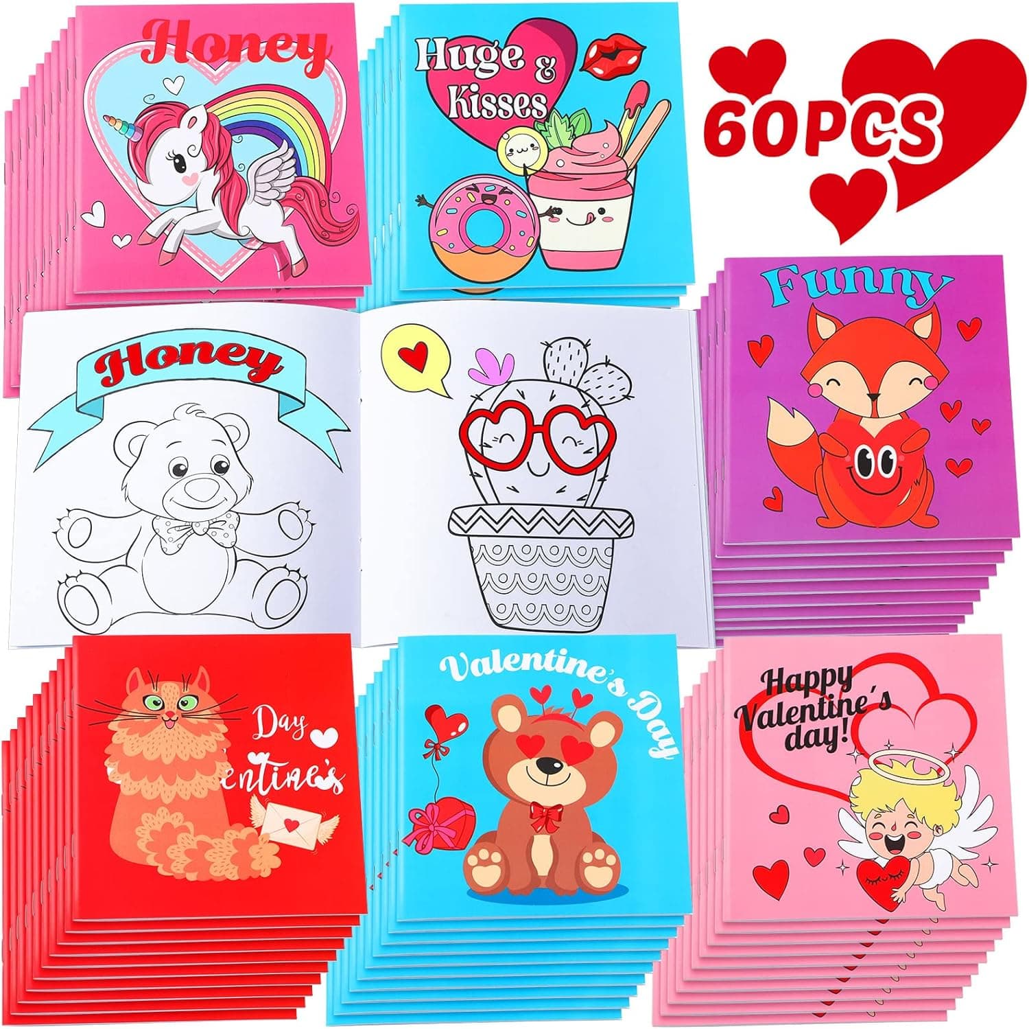 60 Pcs Valentine's Day Coloring Books Cute Valentines Day Activity Books for Kids Toddler Preschool Ages Valentines Coloring Pages Party Favors for Girl, Boy School Classroom Exchange Gifts, 60 Styles
