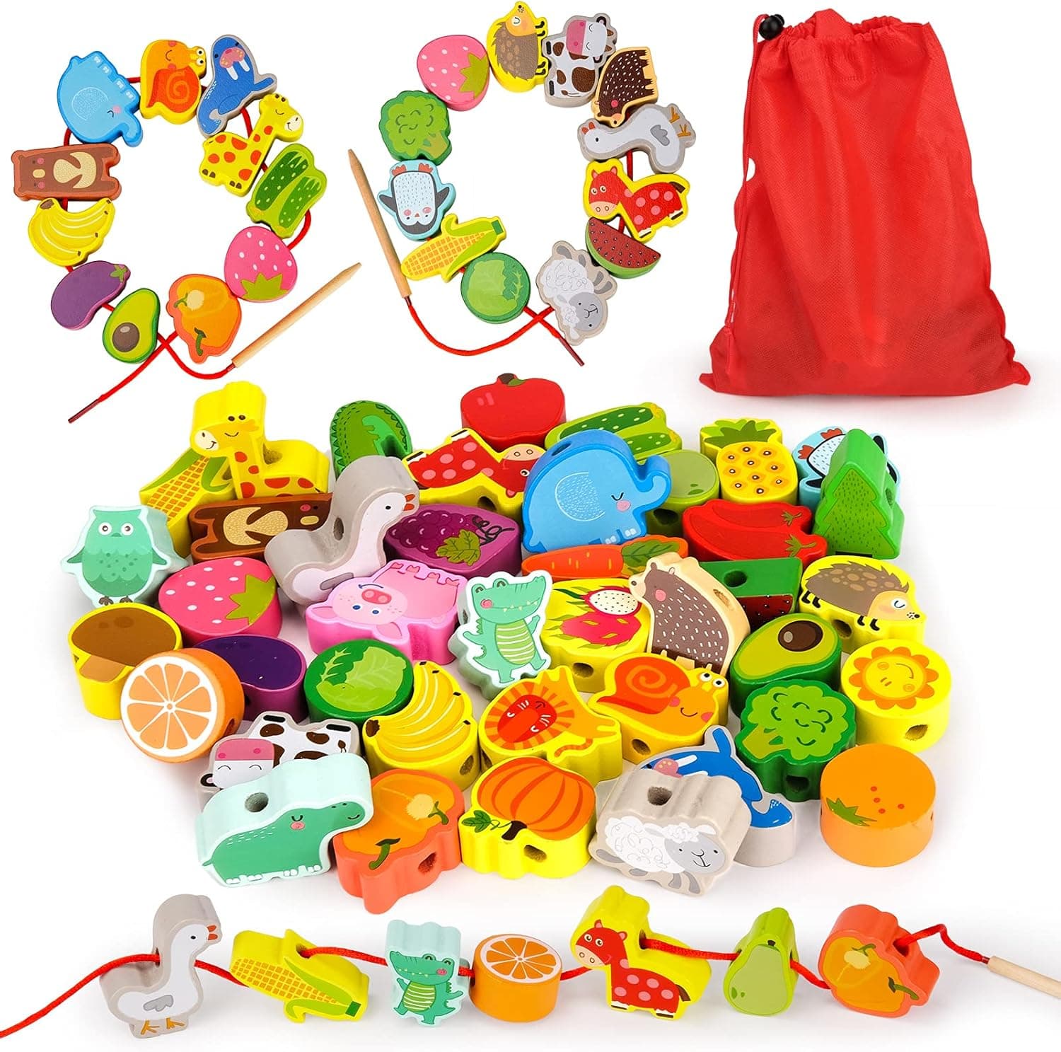 pearoft Wooden Lacing Beads Toy for Toddlers，Montessori String Block Toy for Kids-Nice Gift for 12+ Months Babies