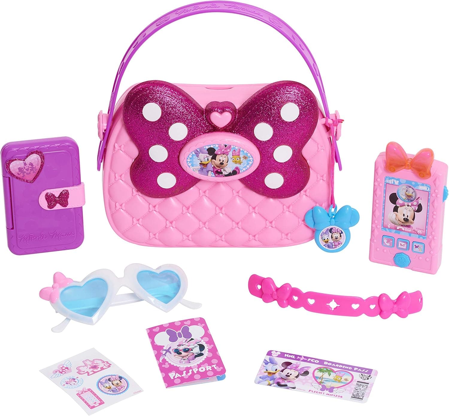 Minnie Disney Junior Happy Helpers Bag Set, 9 Piece Pretend Play Purse with Lights and Sounds Cell Phone, Sunglasses, and Accessories, by Just Play