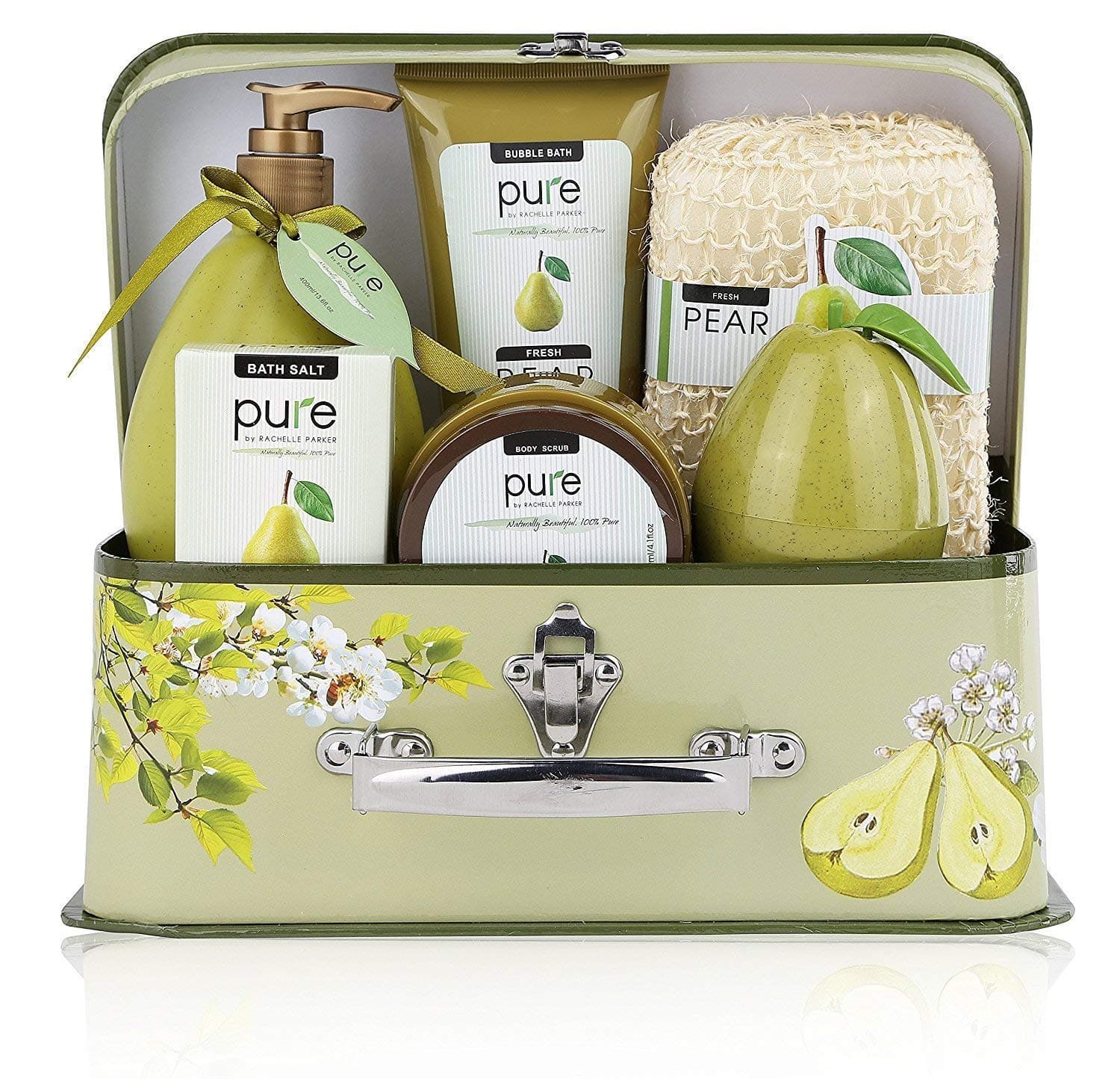 Luxury Spa Gift Basket, PURE Spa Basket -Bath Gift Set. Pear Bath Set Includes Bubble Bath, Body Scrub, Shower Gel, more! #1 Gift Baskets for Women!
