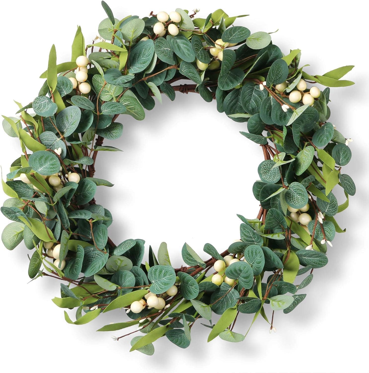 PONATIA 19'' Eucalyptus Wreath, Artificial Eucalyptus Leaves Wreath with Big Berries, Wreaths for Front Door, Green Wreath for Christmas Day, Party Decoration Wall Window Decor