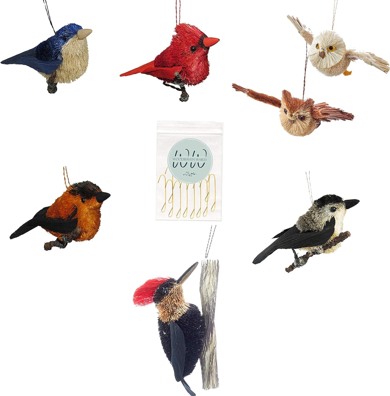 Buri Bird Ornaments with Hooks, Set of 7 Ornaments