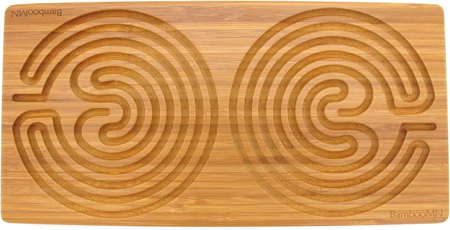 BambooMN 12" x 6" Carbonized Brown Bamboo Rectangle Double Finger Labyrinth for Meditation and Prayer, 7 Circuit Cretan Style, 1 Piece