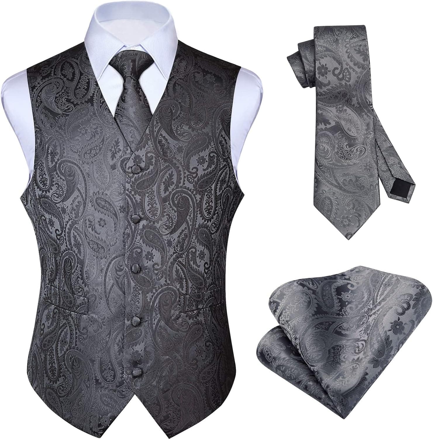 HISDERN Men's Vest Tie Set Paisley Floral Jacquard Necktie Pocket Square 3PCS Waistcoat for Suit or Tuxedo Wedding Party