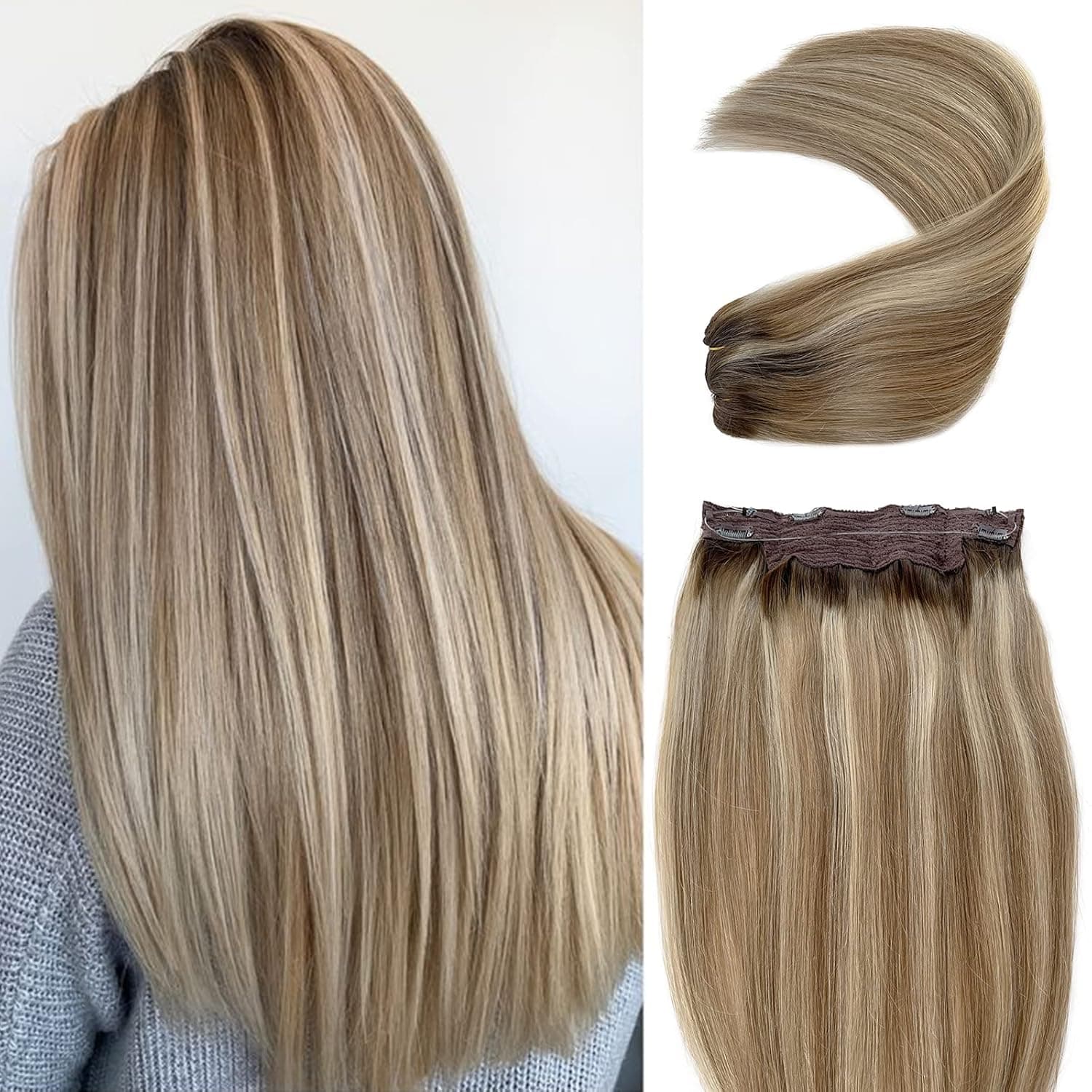 Blonde Highlight Hair Extensions Invisible Fish Line Human Hair Extensions 16 Inch 80grams Full Head Straight Ash Brown Roots to Beige Blonde Mix Platinum Blonde Balayage Extension Piece