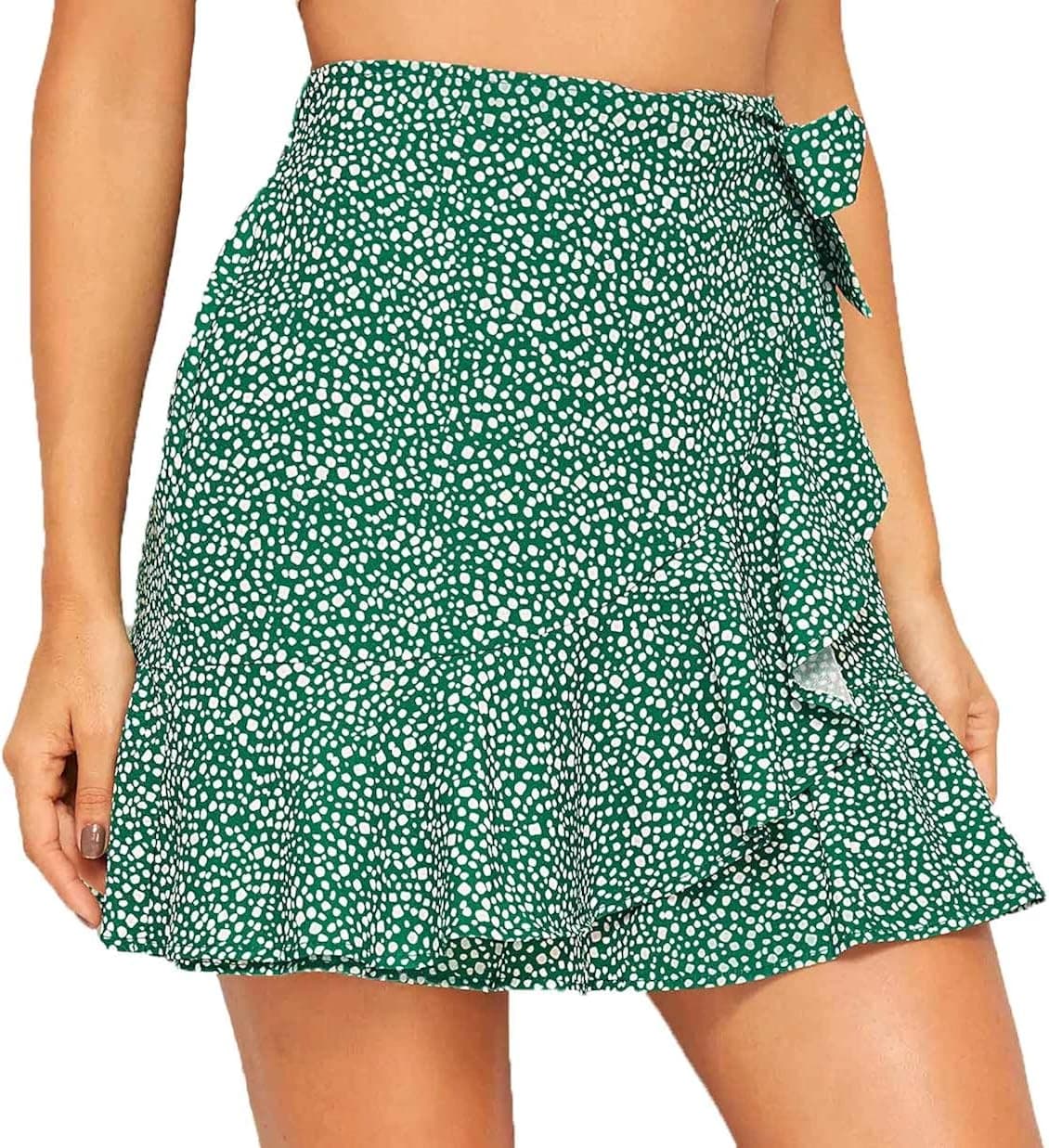 DREAGAL Women's Casual High Waist Bow Knot Skirt Printed Ruffle Mini Skirt