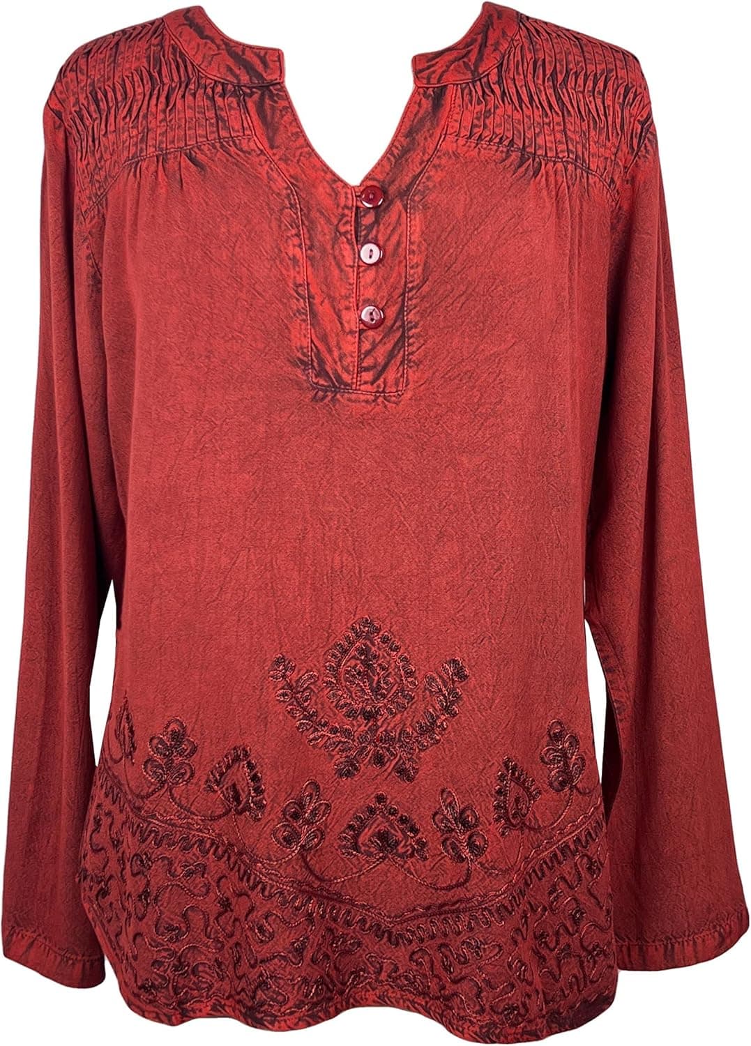Agan Traders women's boho medieval sweetheart neckline rayon embroidered pleated casual long sleeve tunic blouse