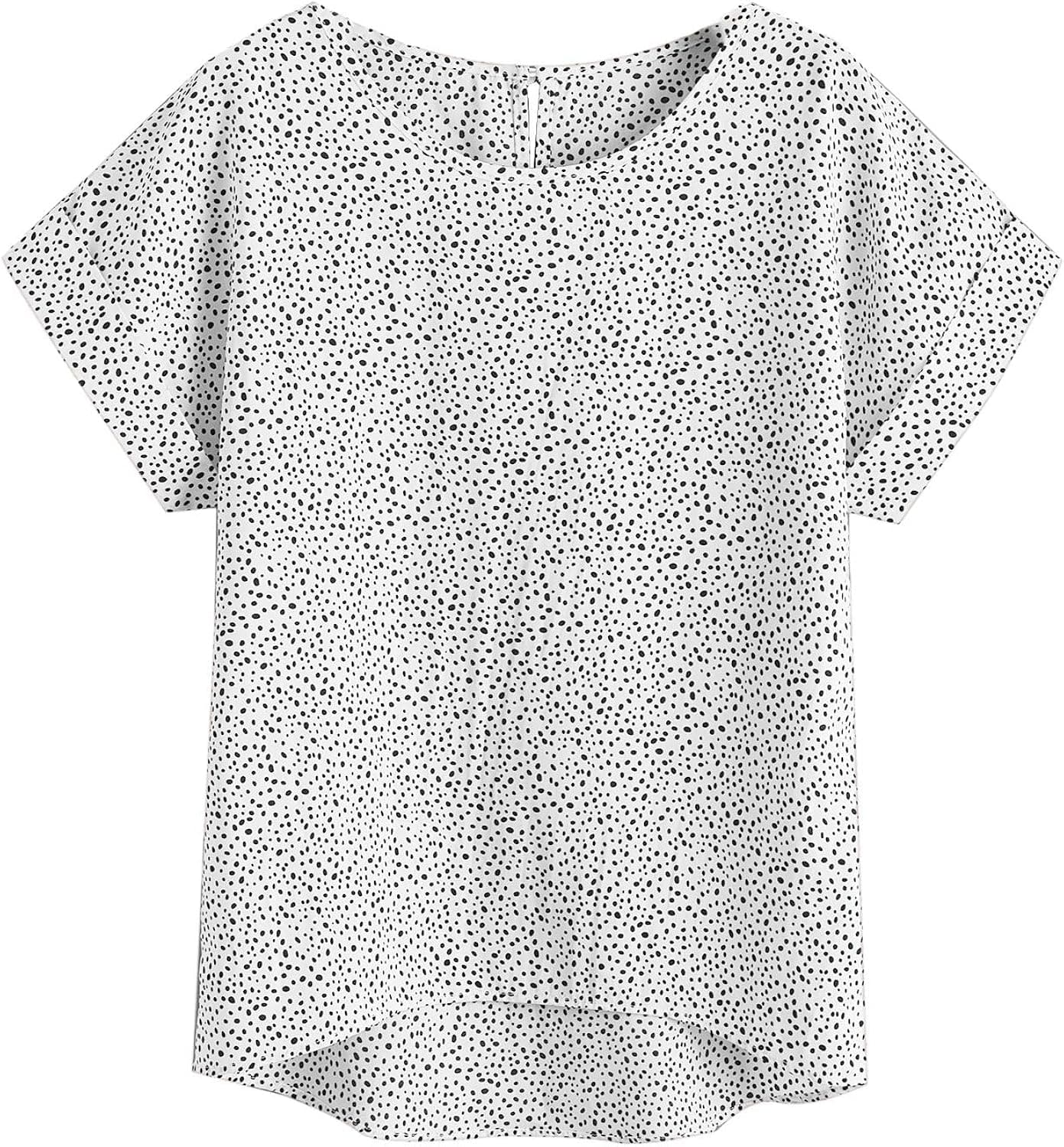 Milumia Women's Polka Dots Rolled up Short Sleeve High Low Hem Work Blouse Top
