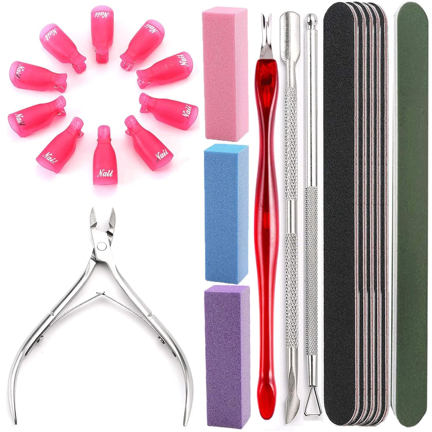 Cuticle Pusher and Cutter Remover - Borogo 23Pcs Double Sided Nail File, Rectangular Nail Buffer, Come with Cuticle Nipper Pedicure Cleaner Tool For Fingernail and Toenail