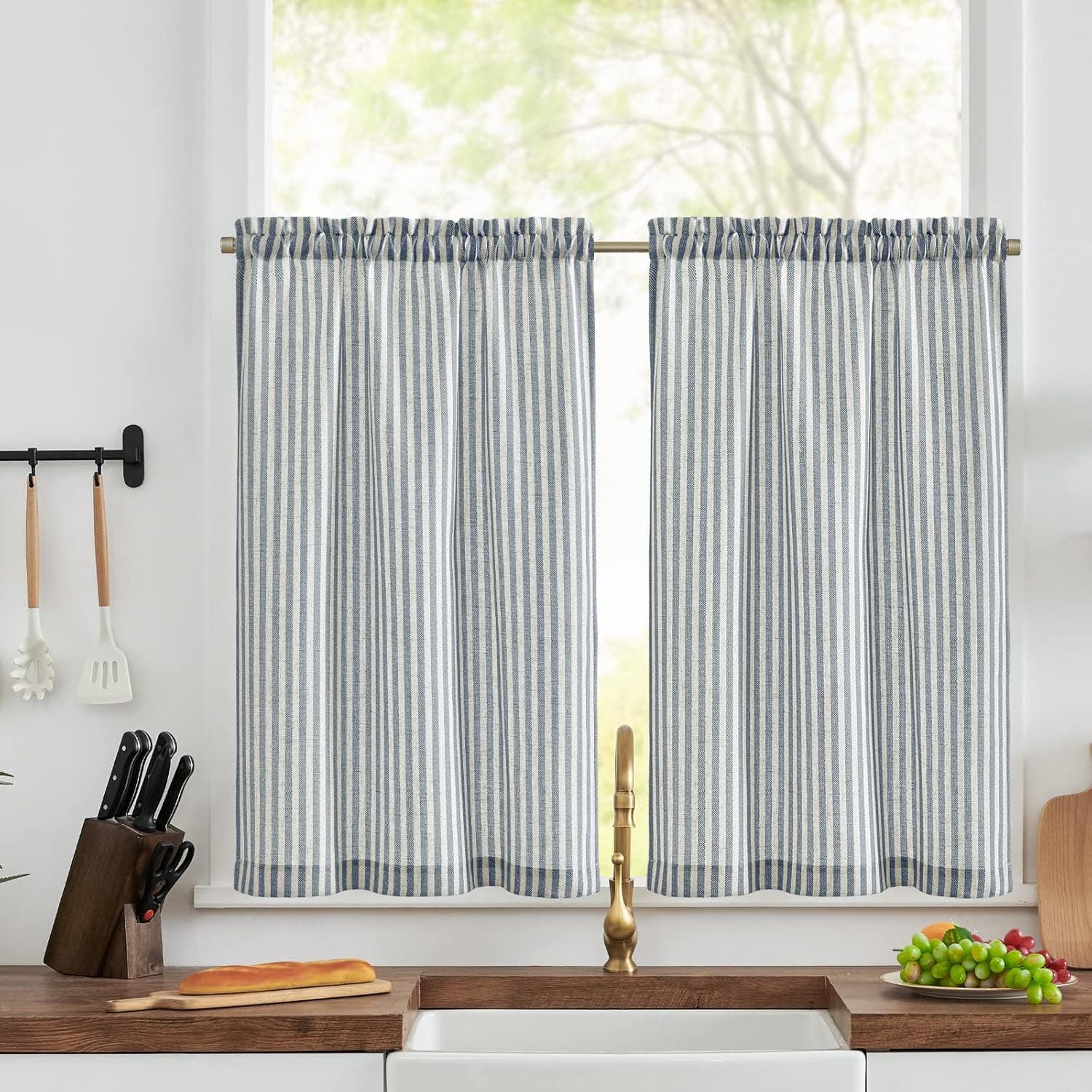 JINCHAN Kitchen Curtains Striped Tier Curtains Ticking Stripe Linen Curtains Pinstripe Cafe Curtains 24 Inch Length for Living Room Bathroom Farmhouse Rustic Curtains Rod Pocket 2 Panels Blue on Beige