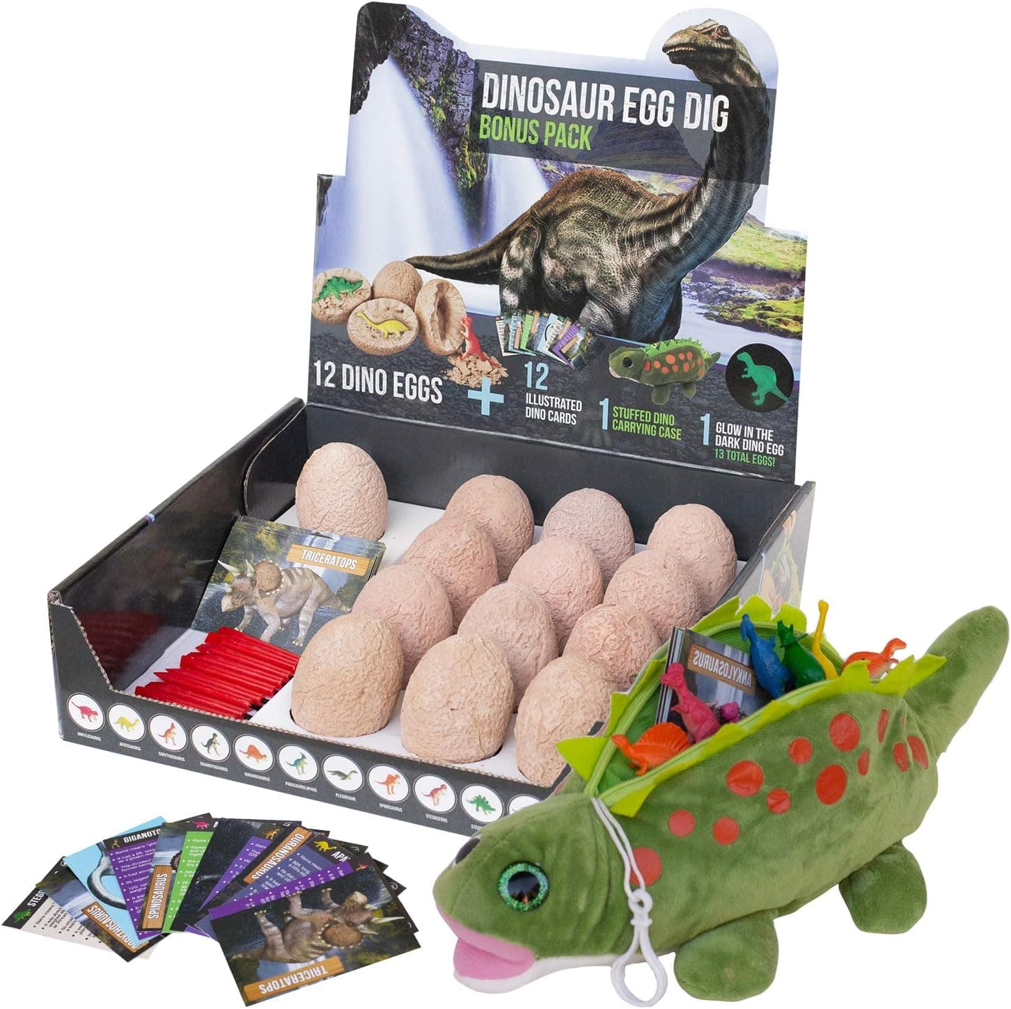 PB&Jane Dinosaur Egg Dig Bonus Kit- Complete with 13 Eggs, Stuffed Dino Toy Carrier and 12 Trading Cards, Archaeology Science STEM Gift