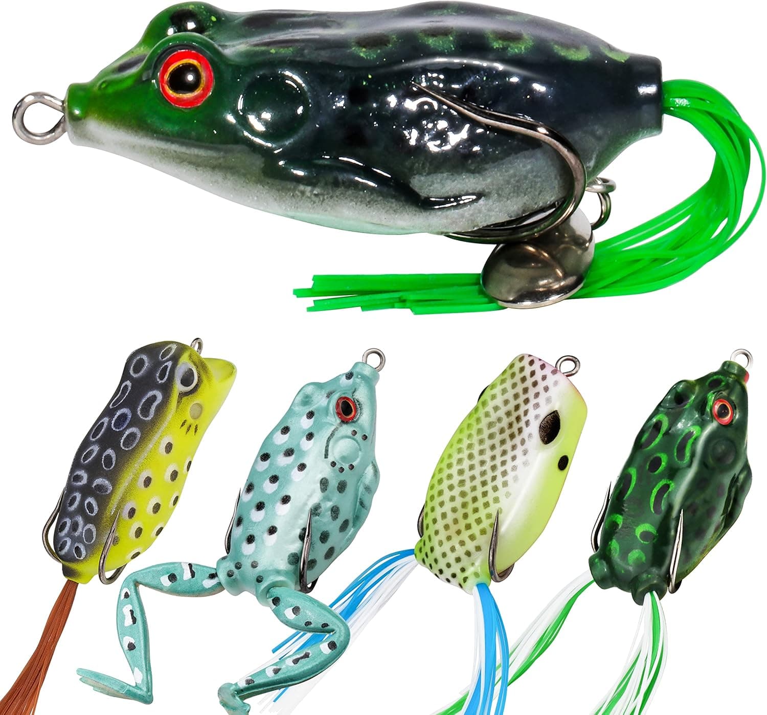 RUNCL Topwater Frog Lures 5PCS, Durable Lifelike Silicone Bass Bait, Floating Realistic Frog Lures Kit for Freshwater Saltwater, Topwater Fishing Lures for Pike Snakehead Salmon Trout Catfish