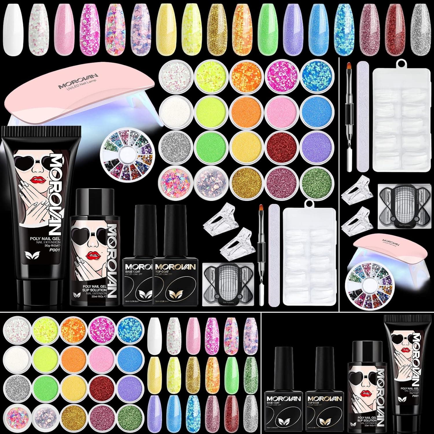Morovan Poly Gel Kits - Clear Nail Gel with Nail Glitter, DIY Poly Gel Nail Kits with Uv Light Starter Kit Nail Extension Gel Kit Poly Nail Gel Kit with Everything, Builder Nail Gel Nail kit DIY Manicure