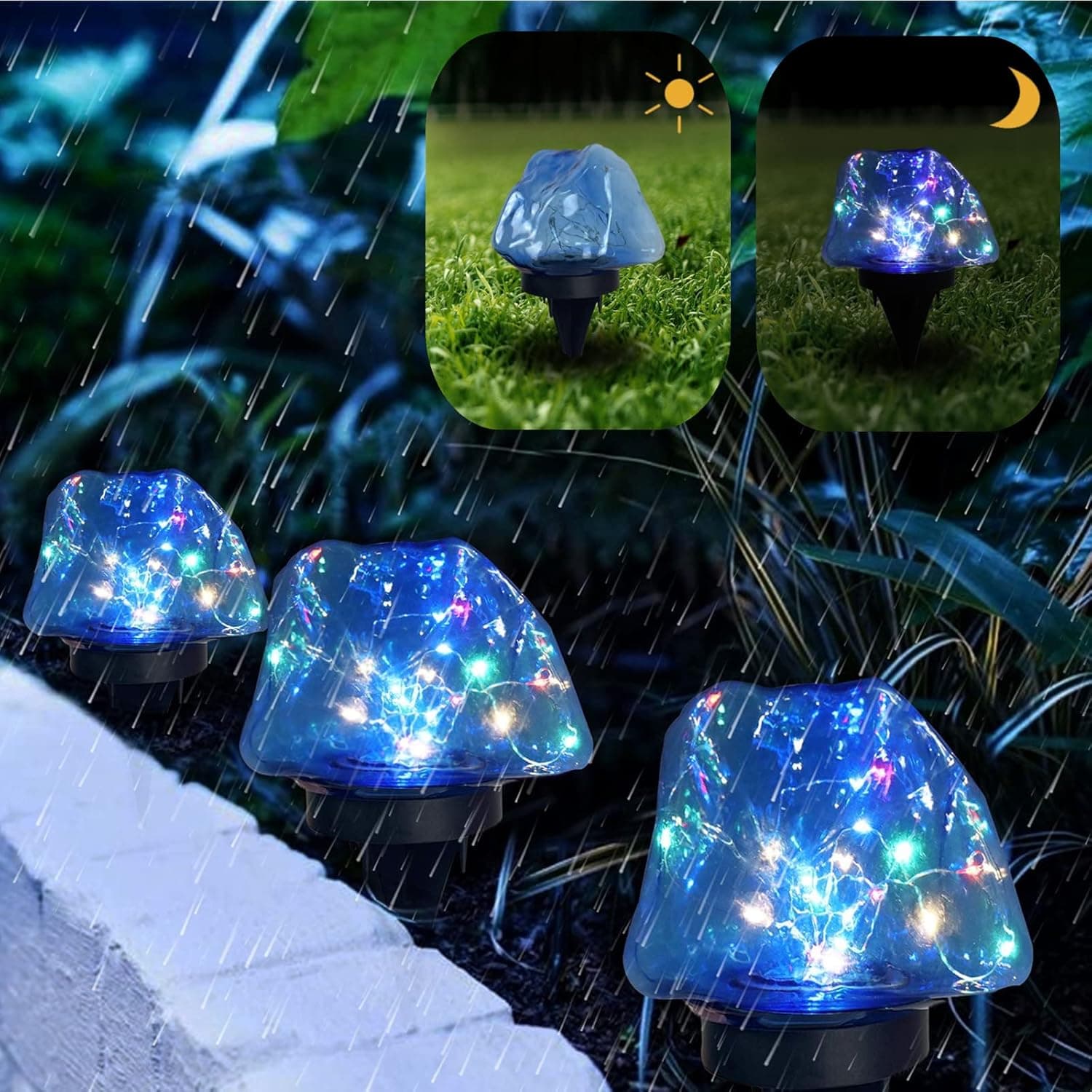 XianNv Multicolor Solar Powered Ground Lights, Waterproof LED Solar Lights Gem Lightning Stone Decorative Outdoor Solar Garden Lights for Patio Yard Walkway Path Lighting, Blue