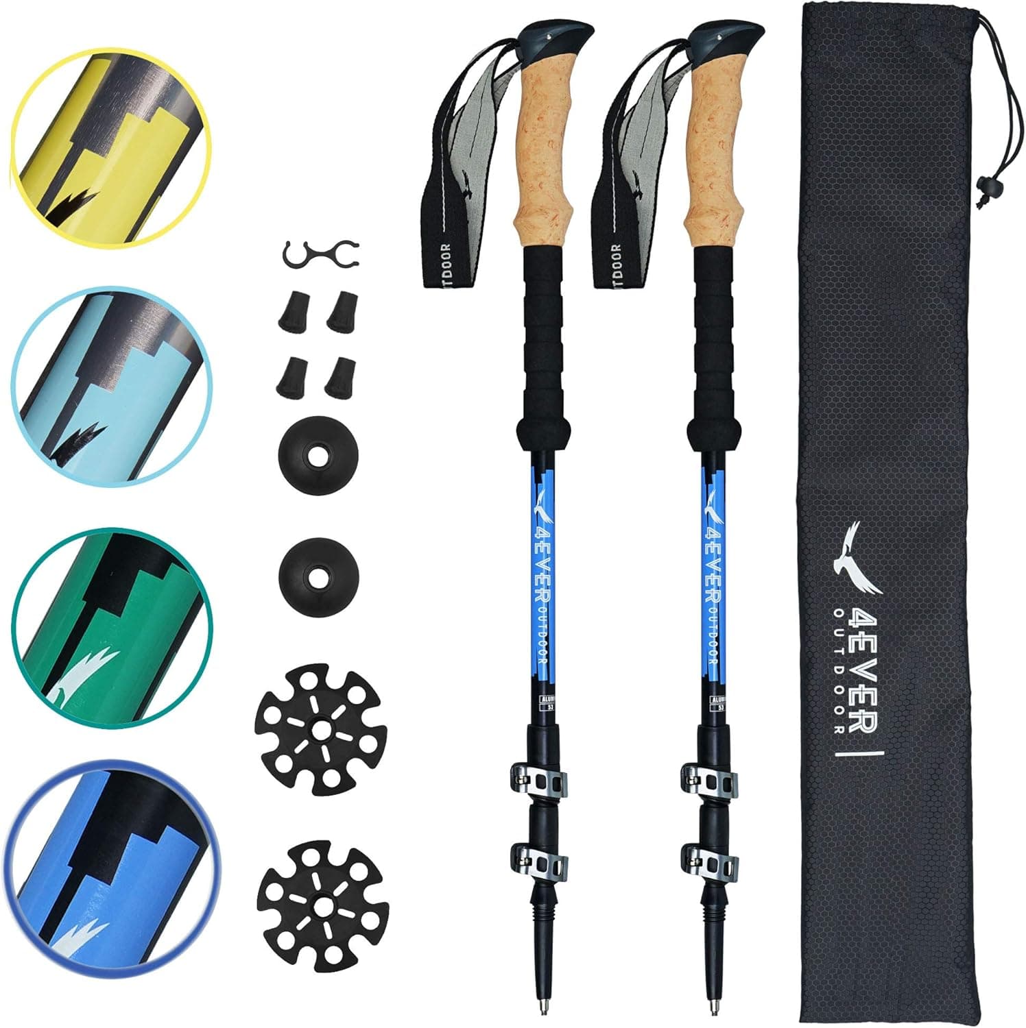 4EVER Outdoor Trekking Poles - Collapsible Ultralight Aluminum 7075 Walking Stick Hiking Poles with Quick Lock, Tip, Accessory and Bag - Adjustable Lightweight Hiking Sticks