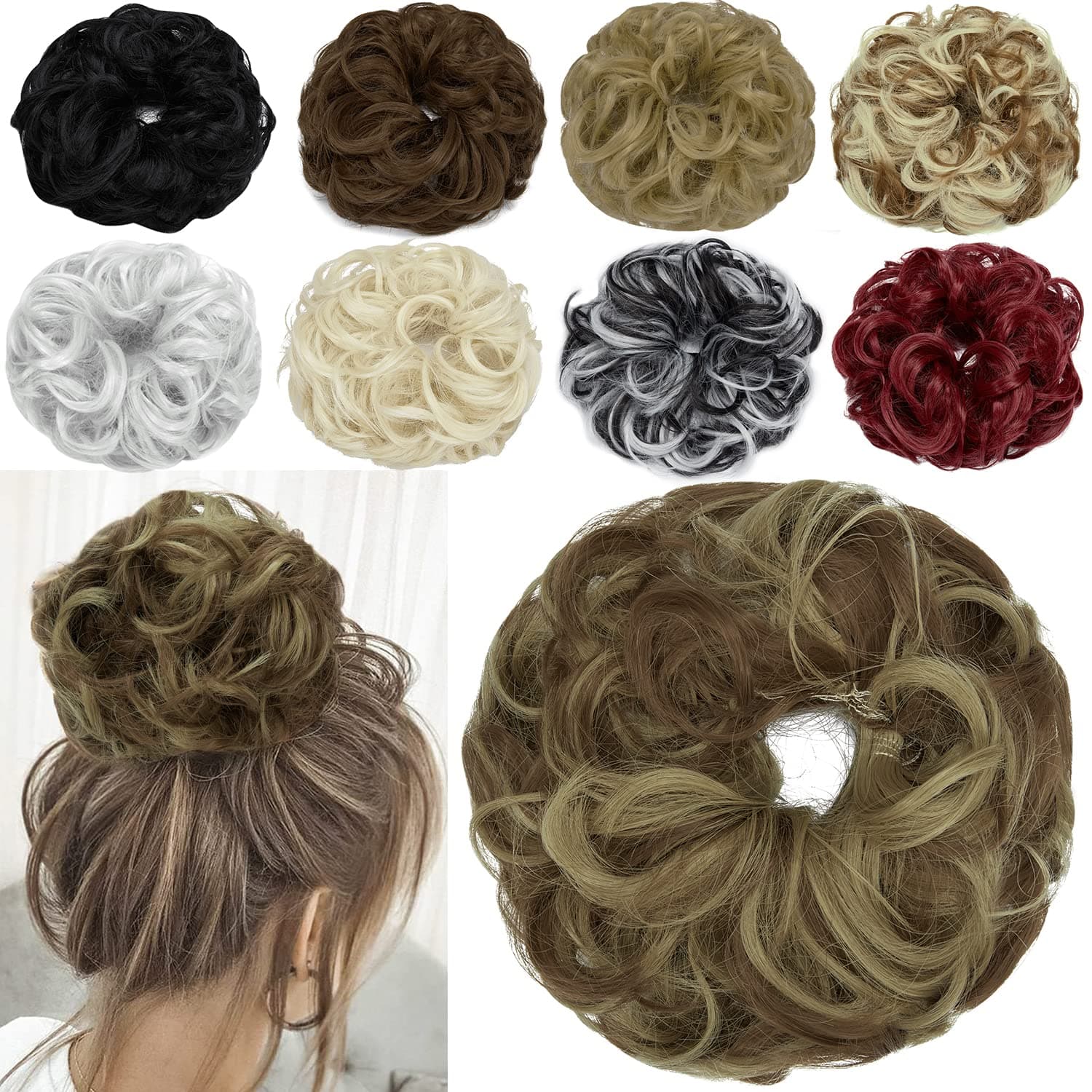 KOODER Messy Bun Hair Pieces for Women,Wavy Curly Messy Bun Scrunchies,Pony Tail Hair Pieces for Women Light Brown Mix Ash Blonde (2PCS)