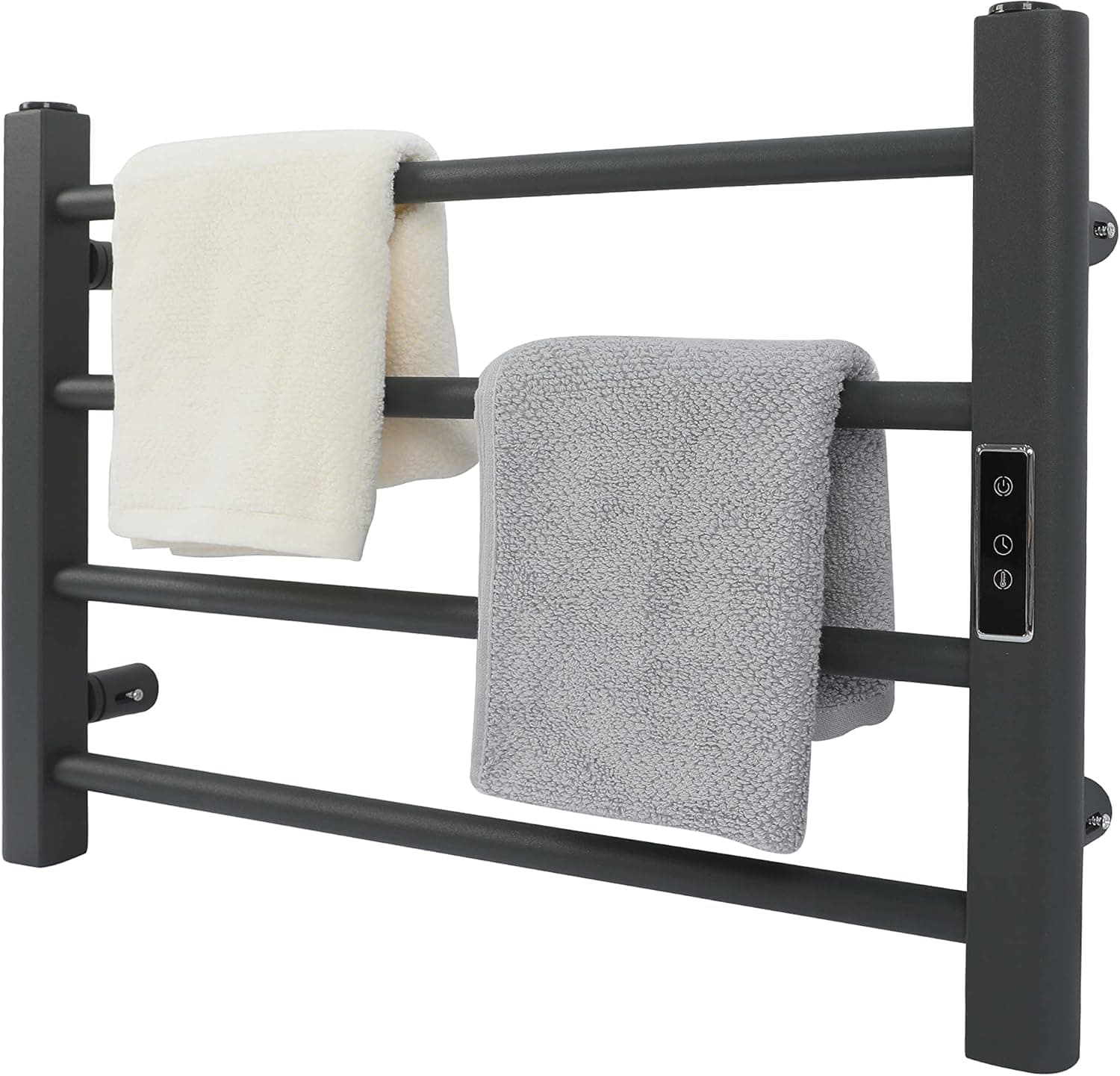 DELAVIN Heated Towel Warmer with Timer and Temperature Control, Home Bathroom Electric 4-Bar Towel Drying Rack, Wall Mounted Design Towel Hanger, Plug-in/Hardwired Electric Towel Rails, Matte Gray